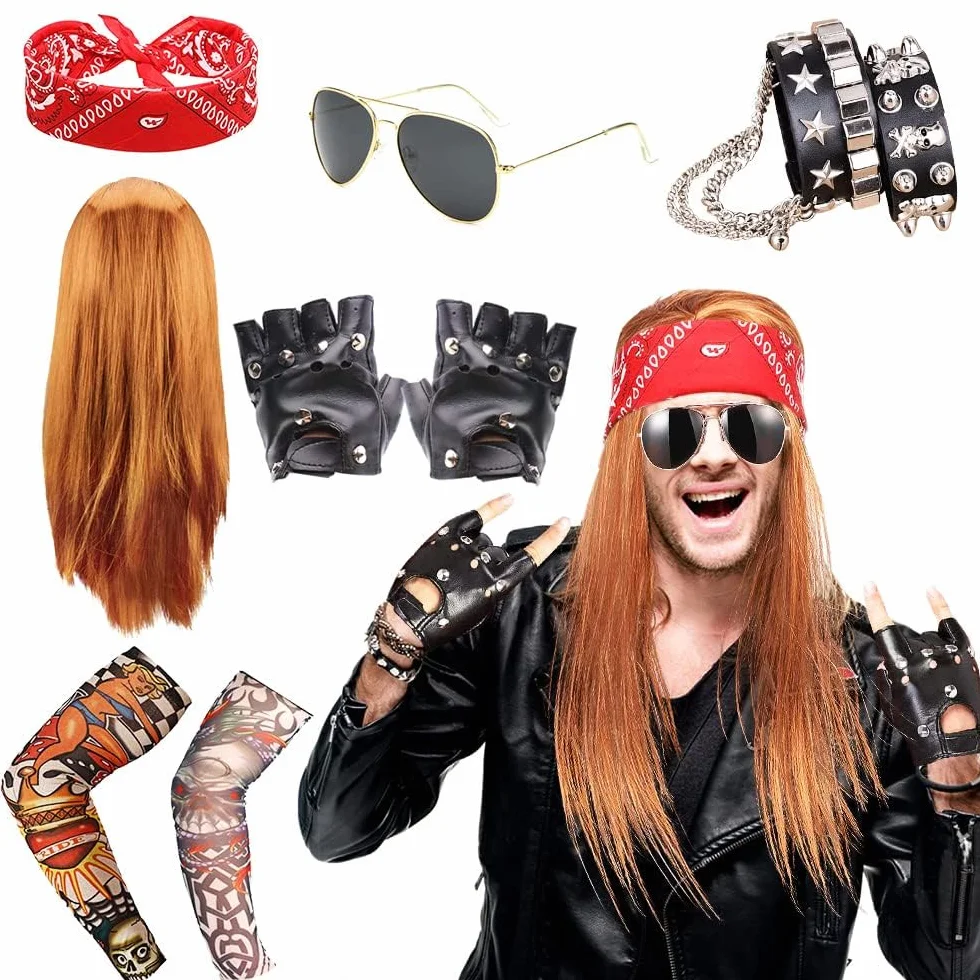 Rock Kostiumy 70 80 90 Heavy Metal Rock Kostiuma z Peruką, Rękawiczki, Okulary Przeciwsłoneczne, Szaliki, Bransoletka, Rękawy