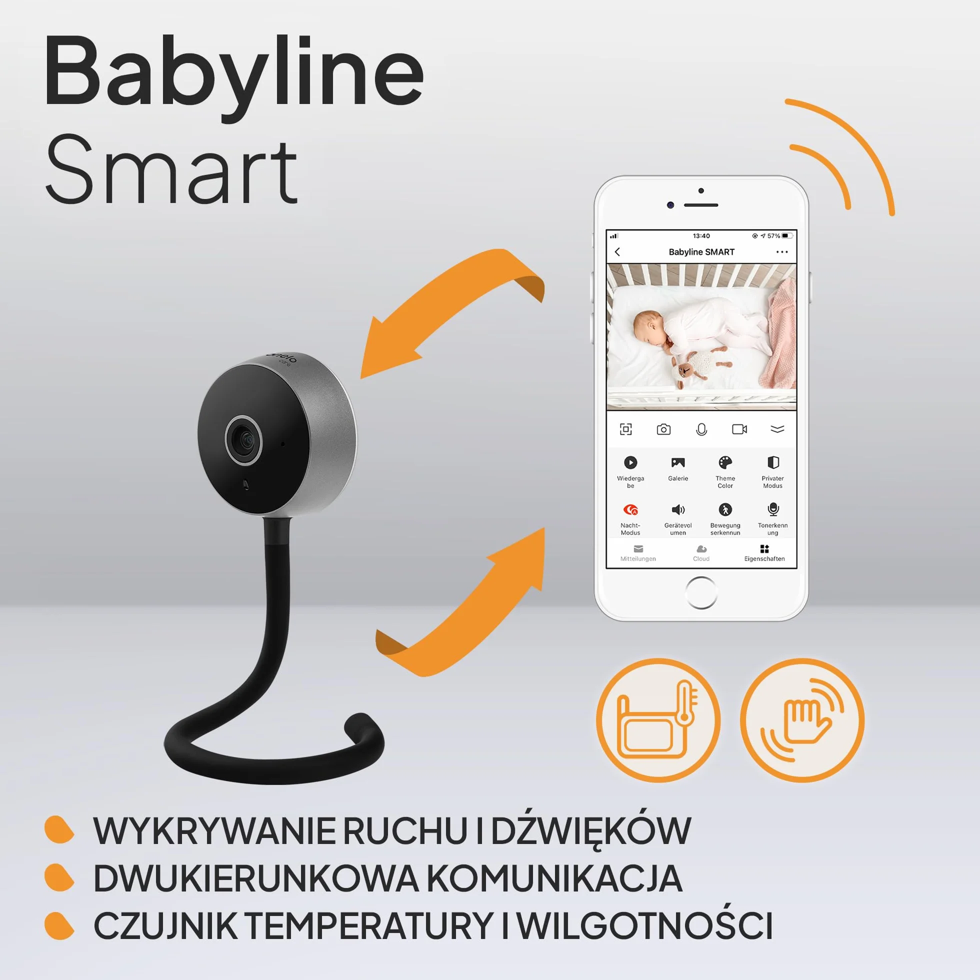 Lionelo Care Babyline Smart inteligentna elektroniczna elektroniczna niania niania, kamera dla niemowląt, Wi-Fi, aplikacja mobilna, wykrywanie ruchu i hałasu, widoczność w ciemności