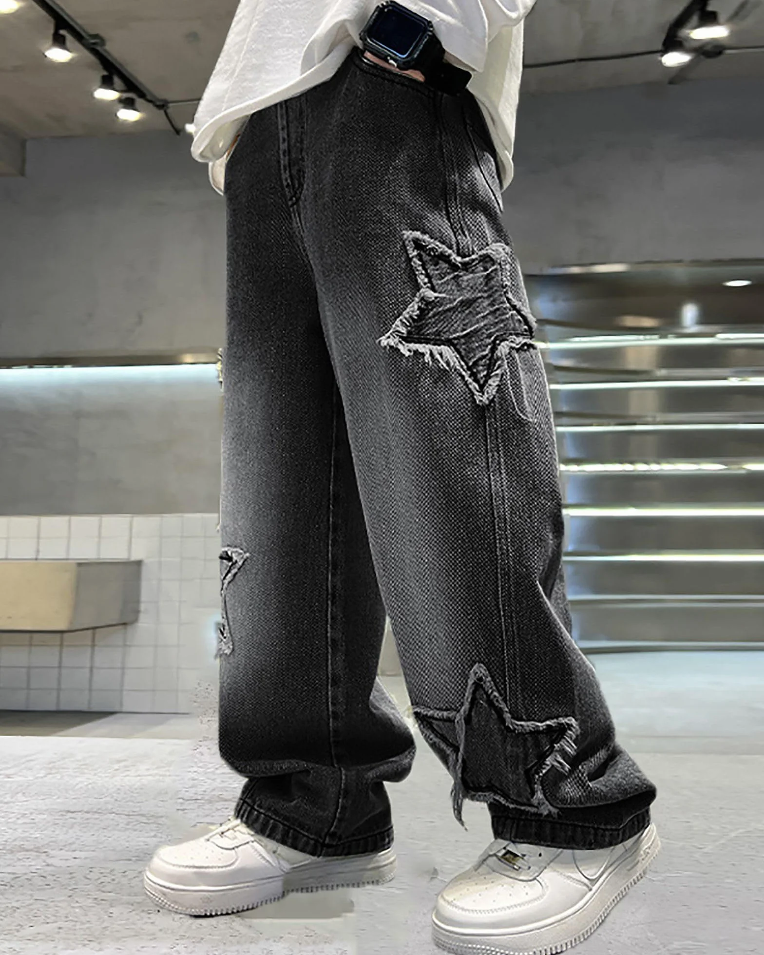 Chłopięce dżinsy z szerokimi nogawkami, luźny krój, styl vintage, swobodne, szerokie nogawki, spodnie dżinsowe, Streetwear