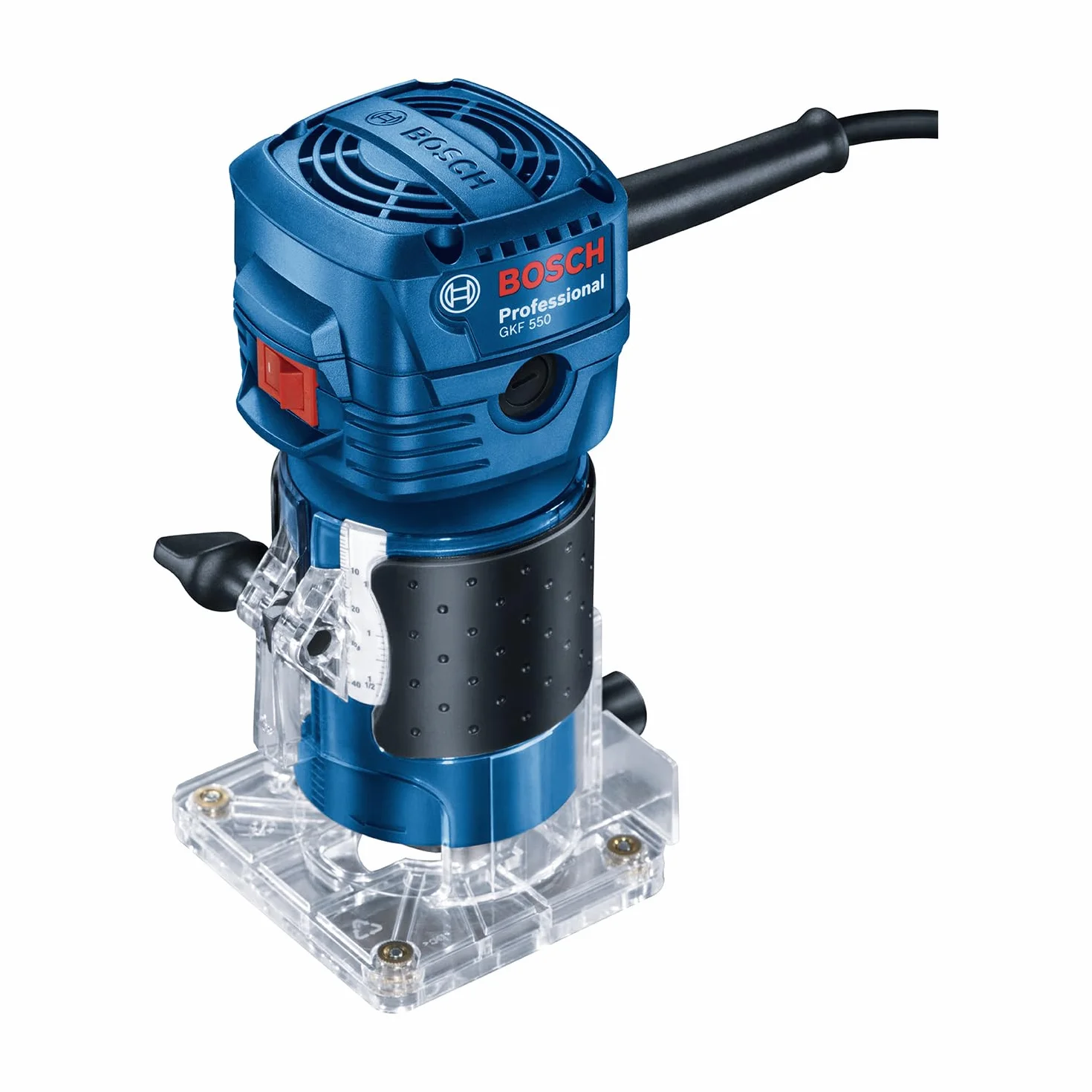 Bosch Professional: frezarka do krawędzi GKF 550 (550 W, prędkość obrotowa bez obciążenia 33.000 min-1, prowadnica równoległa i rolkowa, bolec kopiujący, klucz szczękowy jednostronny 10 i 17 mm)