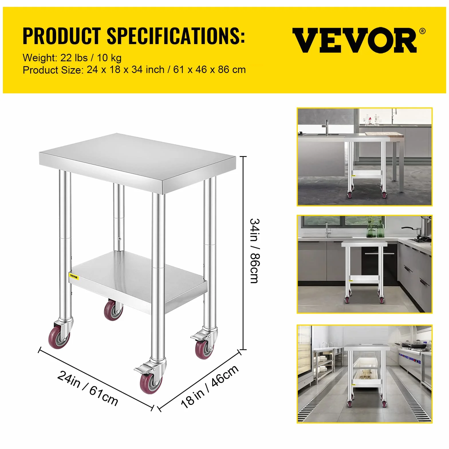 VEVOR Stół roboczy 61 x 46 x 86 cm, stal nierdzewna, stół roboczy 100 kg, do obciążania żywności, stół do przygotowywania żywności, stół roboczy do kuchni, baru, restauracji, 4 regulowane nóżki