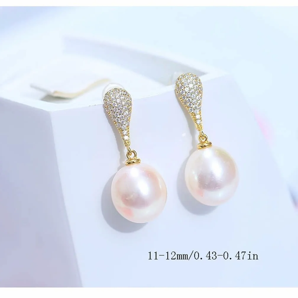 kolczyki Podajnik 925 Sterling Silver Round White Słodkowodne Kultury Cyrkon Kolczyki Dla Kobiet Dangle Stud Pearl Kolczyki kolczyk