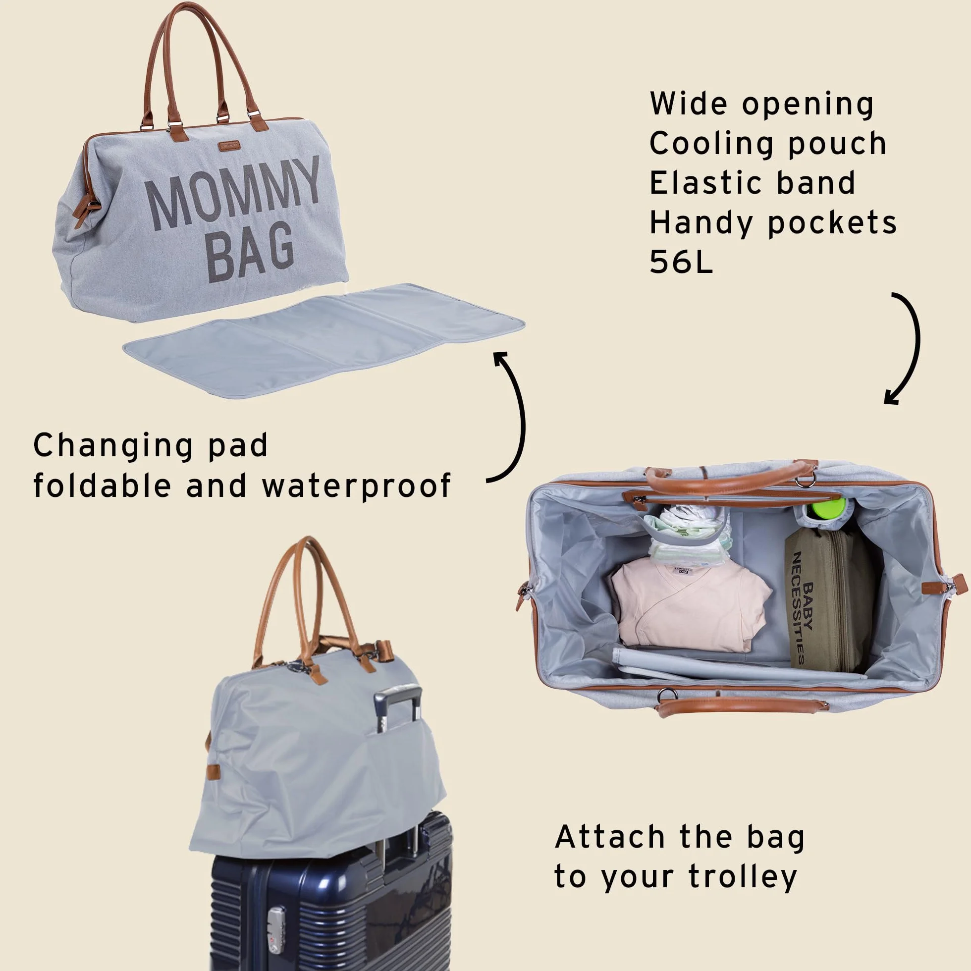 Childhome, Mommy Bag, torba na pieluchy, dla kobiet w ciąży, torba podróżna, duża pojemność, mata do przewijania, regulowany pasek na ramię, izolowana kieszeń, przejście na walizkę, szara koszulka