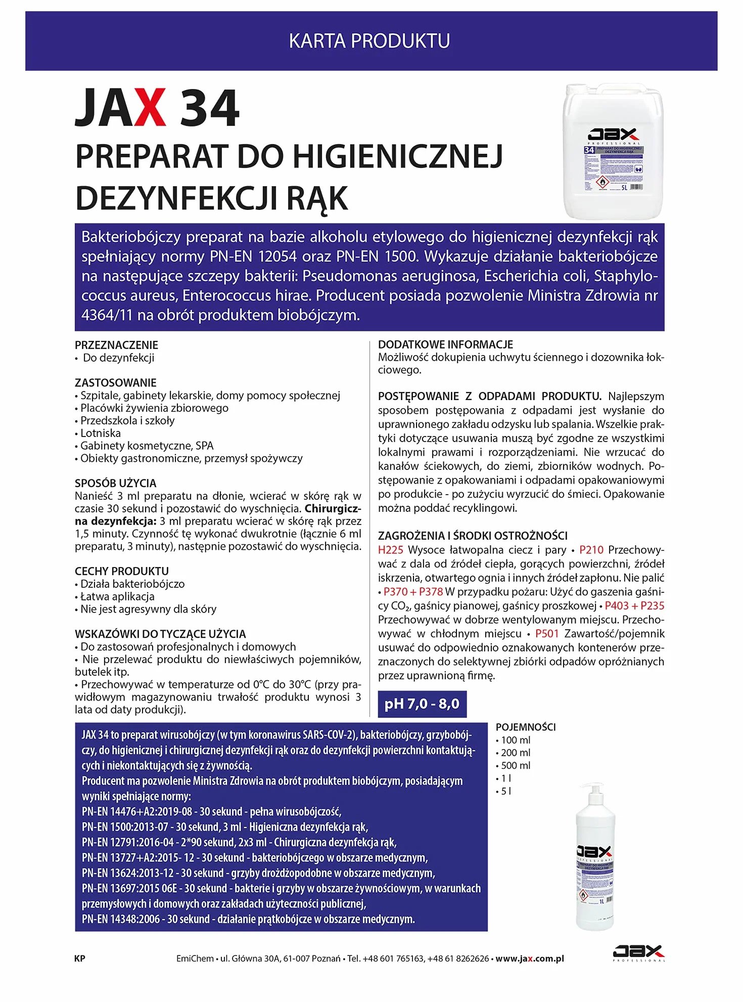 34 5L - PŁYN DO HIGIENICZNEJ DEZYNFEKCJI RĄK, skuteczna dezynfekcja rąk, dezynfekujący płyn do rąk, do chirurgicznej dezynfekcji rąk