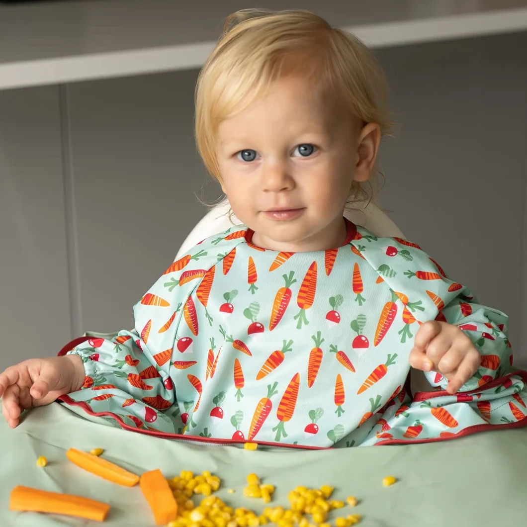 Tidy Tot Coverall Śliniak z rękawami, dwupak regulowany krój, śliniak do wprowadzania stałego pokarmu, BLW, wodoodporny śliniak mocowany do tacy