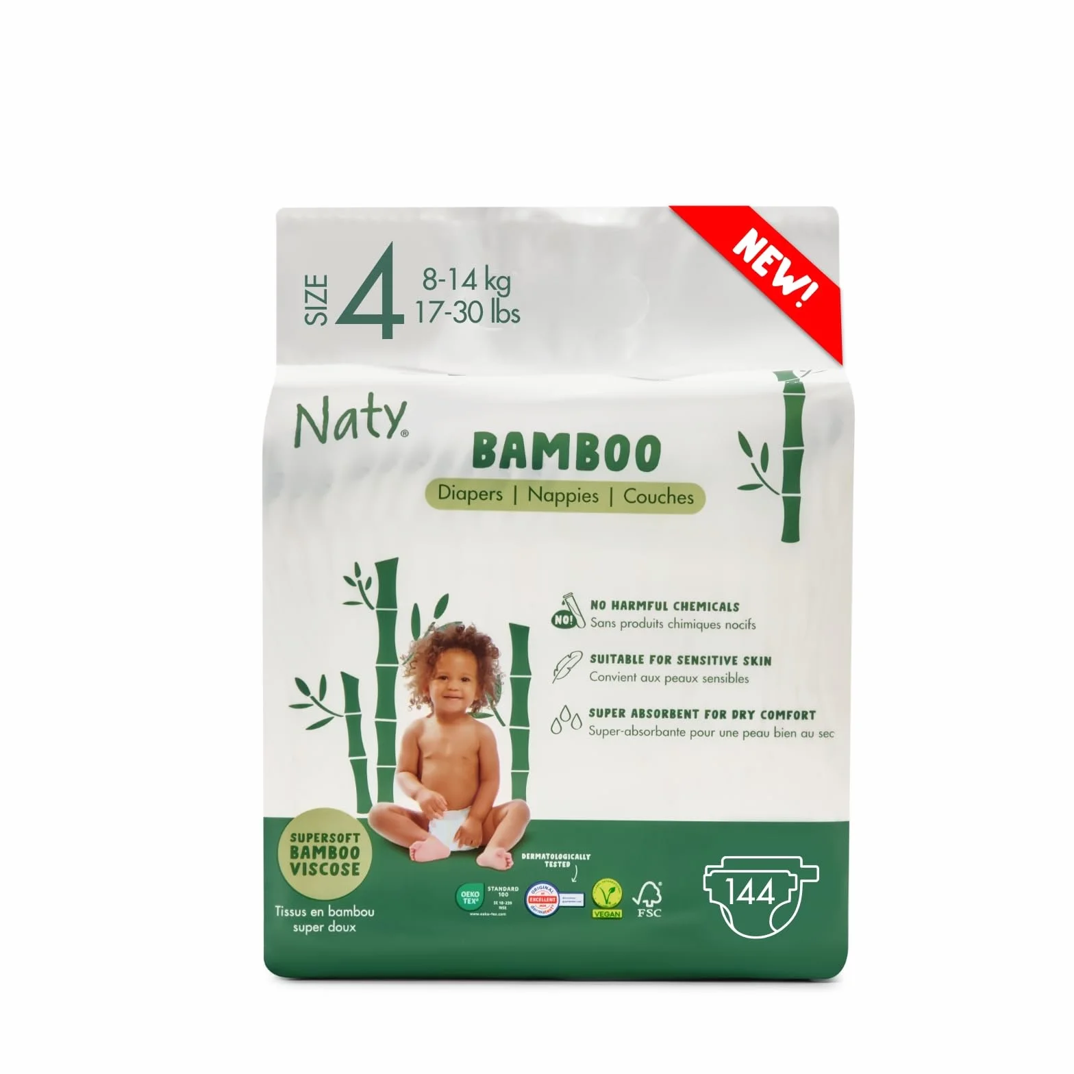 Naty Pieluchy z wiskozy bambusowej – jedwabiście miękka, roślinnego pochodzenia, dermatologicznie testowana dla wrażliwej skóry, superchłonna (Rozmiar 4, 144 szt.)