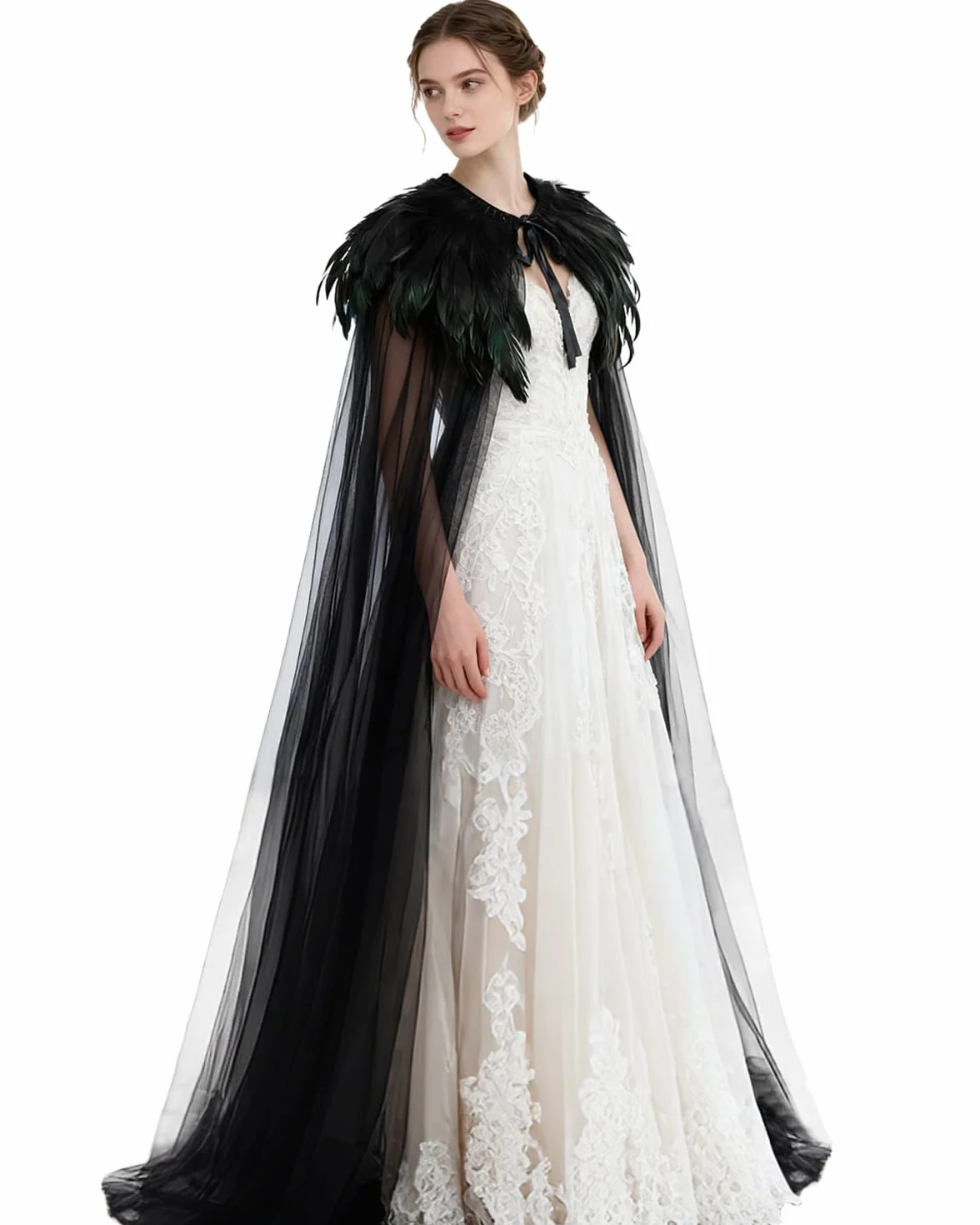 keland Czarna tiulowa peleryna długa z kołnierzem sprężynowym Pióro Cape Halloween Maleficent akcesoria (czarna)