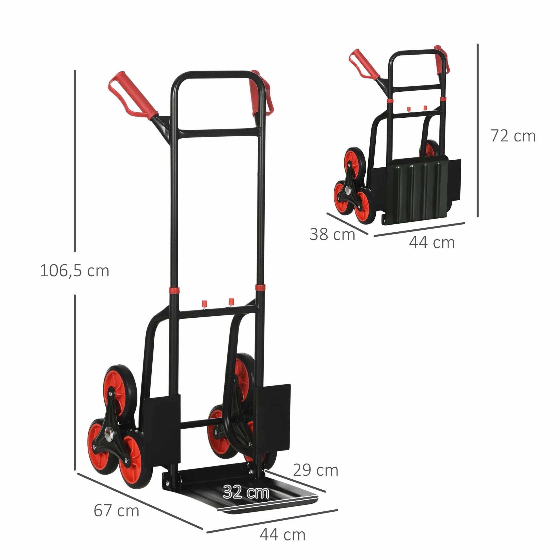 HOMCOM Wózek schodowy 6 kół, rozkładany, składany wózek transportowy 120 kg, wózek składany, stalowy, czarny czerwony
