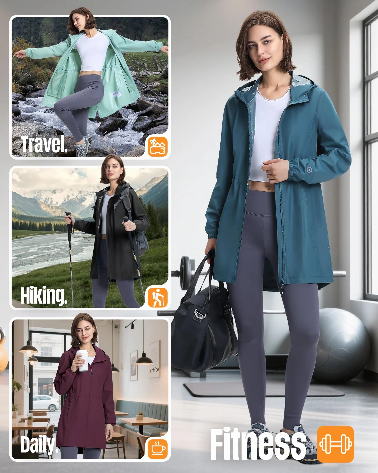 Outdoor Ventures Damska wodoodporna kurtka przeciwdeszczowa, długa, wiatrówka, kurtka przejściowa, lekka, oddychająca, kurtka outdoorowa, Raincoat parka przeciwdeszczowa z kapturem