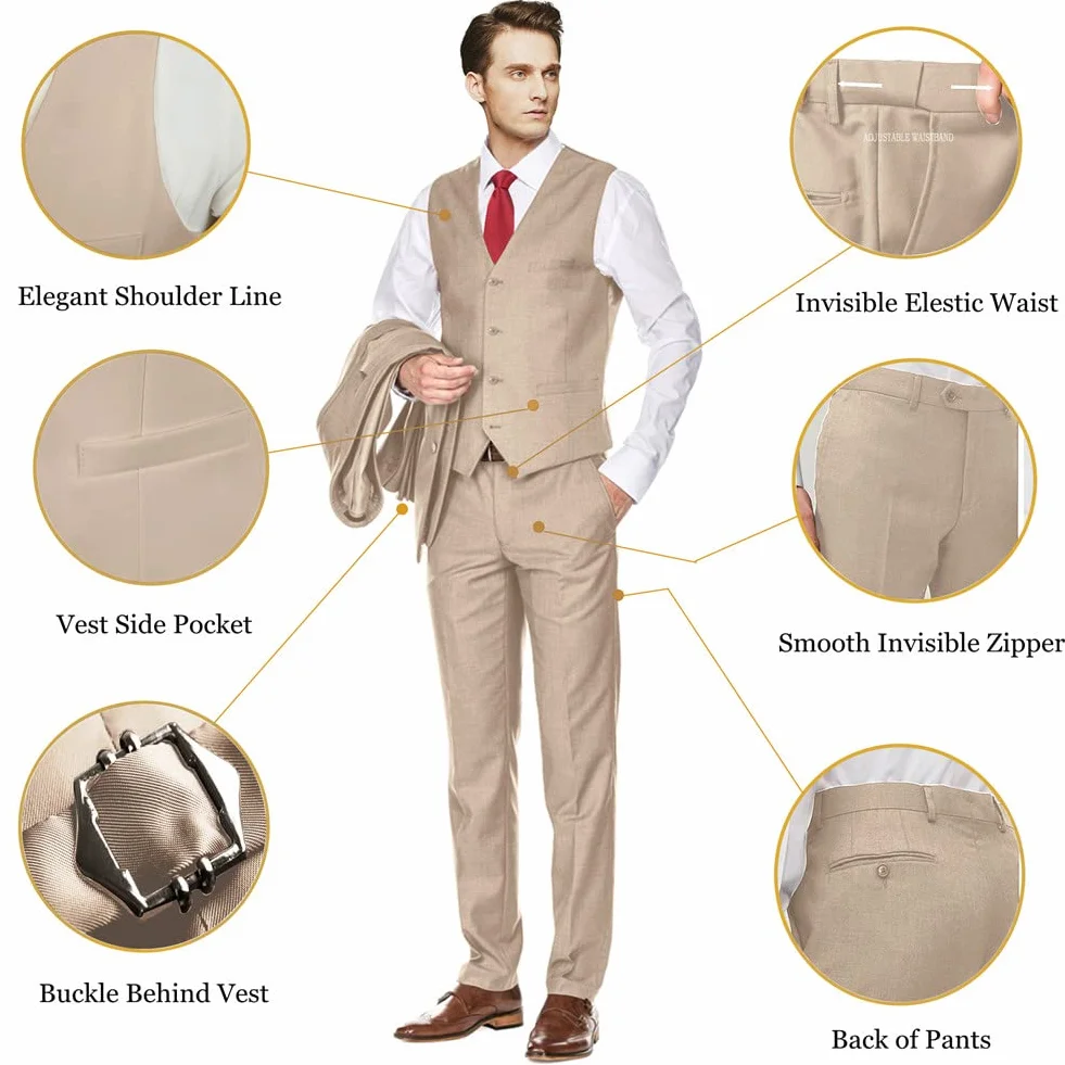 Men's Suit Slim Fit, 3 Piece Champagne Suits for Men, Solid Jacket Vest Pants with Tie, Prom Homecoming Wedding Tuxedo Set M