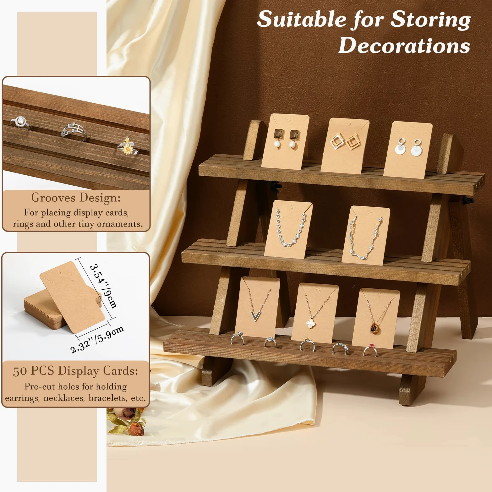 Emibele 3-Tier Wooden Earring & Ring Holder Organizer, Cascading Showcase Jewelry Stand, Brown