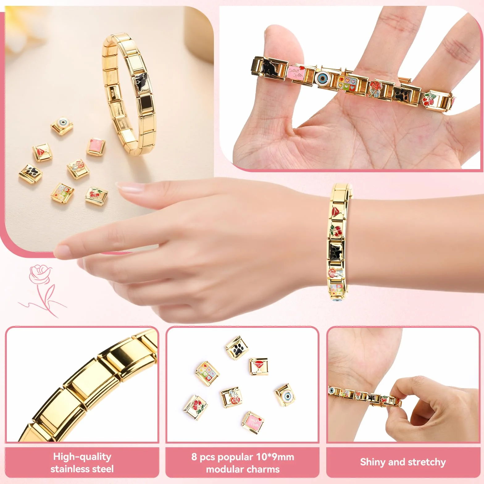 Włoska bransoletka charm, złota, włoska bransoletka charms, zestaw DIY, zdejmowane moduły do bransoletek 9 mm, włoska bransoletka charm, złota zawieszka z narzędziem do otwierania