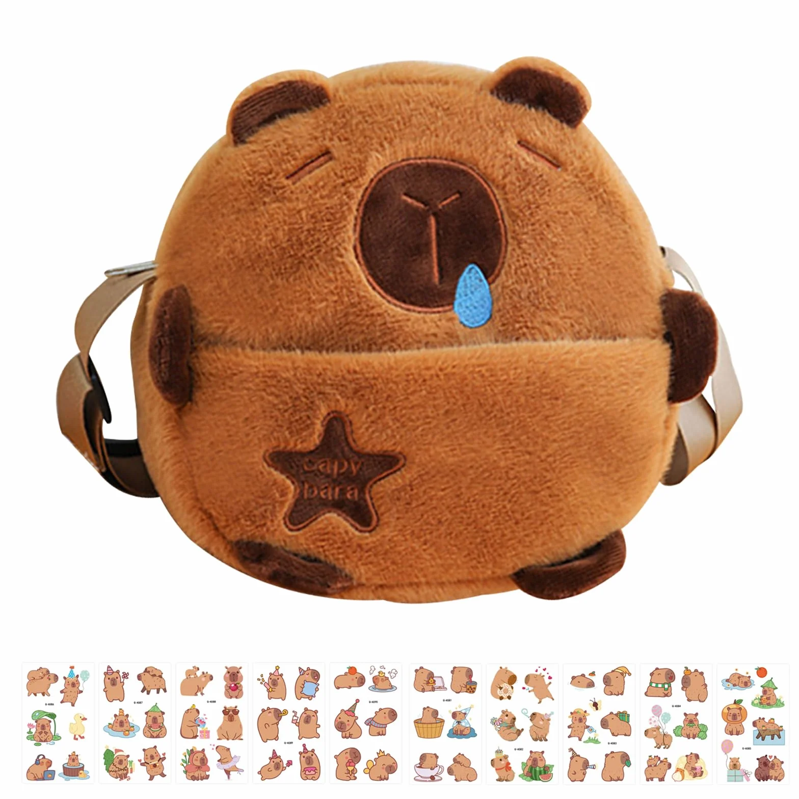 Capibara Pluszowa torba na ramię dla dziewcząt, śliczne torebki dla dziewcząt, pluszowe Capibara Crossbody Kobieta, Capivara Crossbody Women, mała pluszowa torba z 10 szt. tymczasowych tatuaży