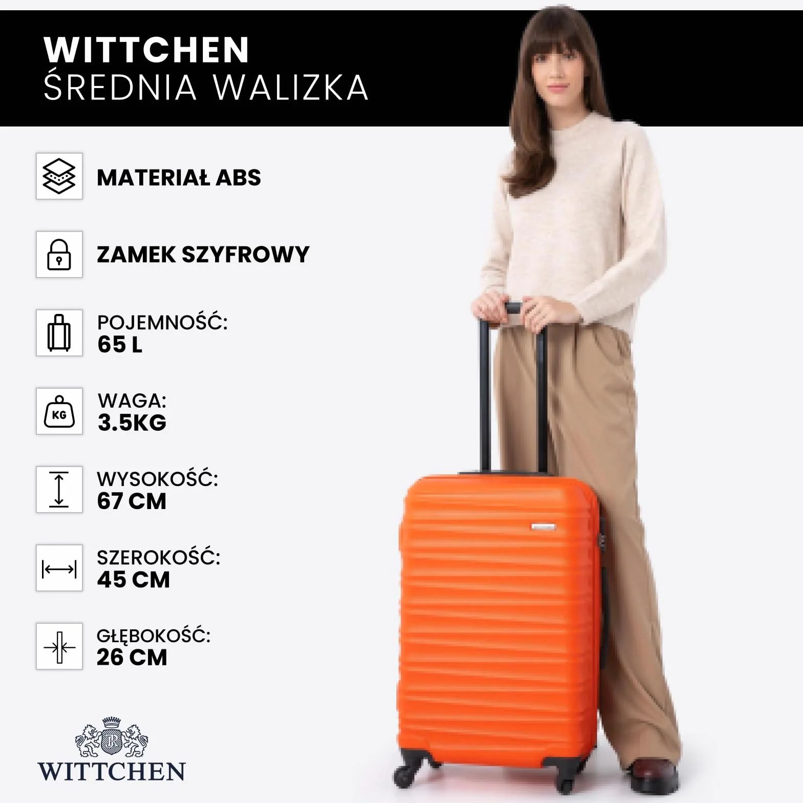 WITTCHEN GROOVE Line Średnia walizka podróżna ABS twardy bagaż zamek szyfrowy teleskopowa rączka 4 kółka rozmiar M pomarańczowy