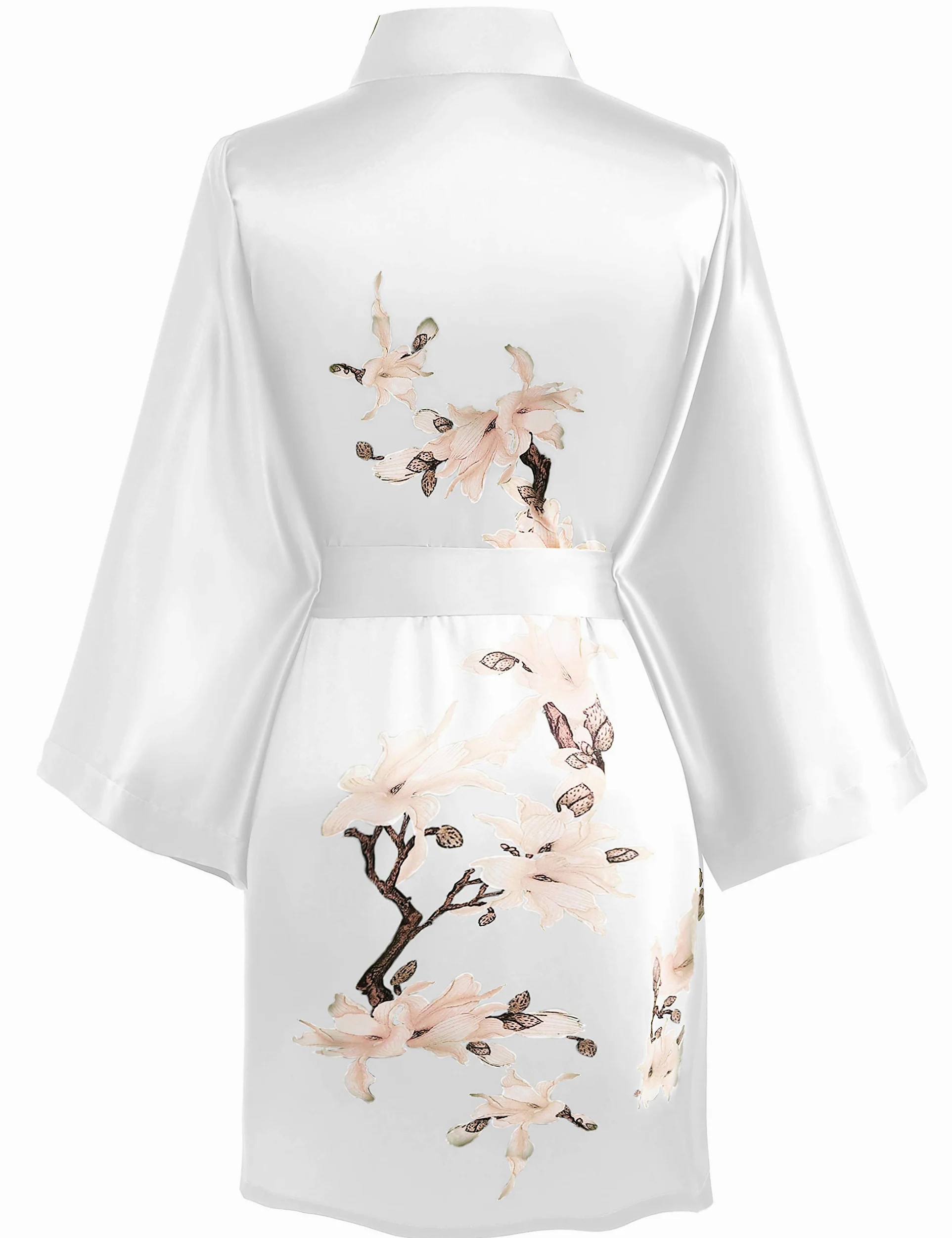 BABEYOND Satynowy szlafrok kimono, krótki kwiatowy nadruk, kimono, długa sukienka do kolan, kimono, okrycie dla kobiet, na wesele, piżama na imprezę, biały, rozmiar uniwersalny