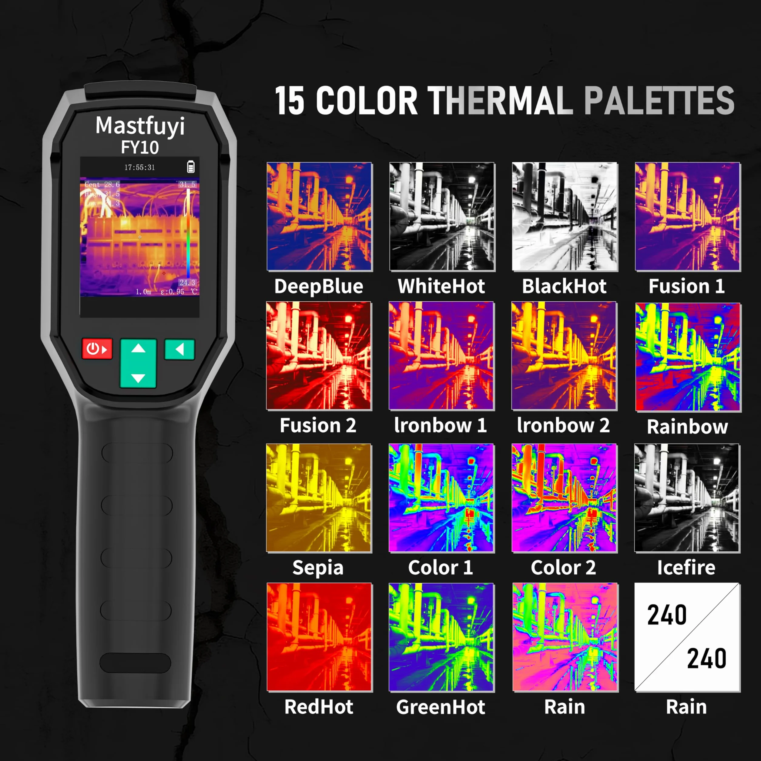 Termowizyjna kamera termowizyjna, na podczerwień, -20℃~550℃, rozdzielczość 96 x 96 IR, 25 Hz, pole widzenia 50°, 2,4-calowy TFT LCD, 8-godzinny akumulator do inspekcji przemysłowych, elektryki i
