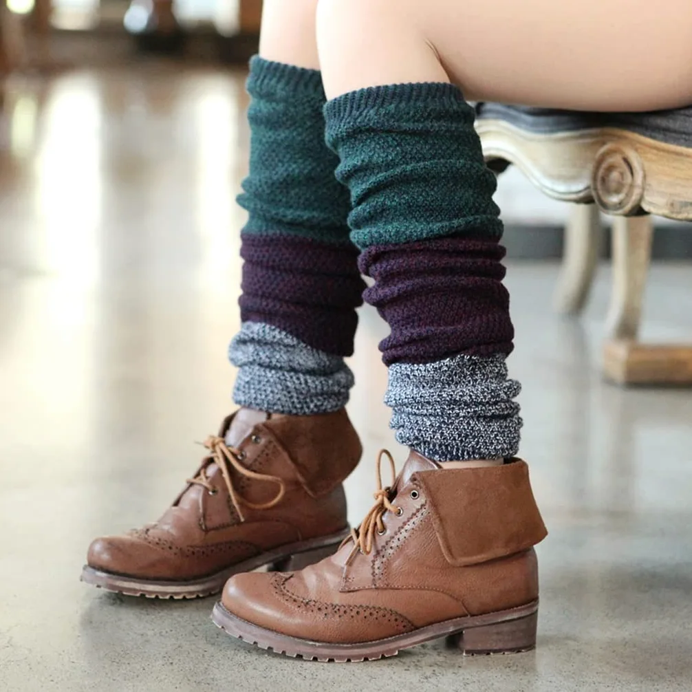 Over Knee Women Leg Warmers Girl Trójkolorowe przeszycia Dzianinowa osłona stóp Jesienno-zimowa ocieplacz na nogi Skarpety kupy (kolor: A, rozmiar: 58-62 cm) (C 7 1/8)