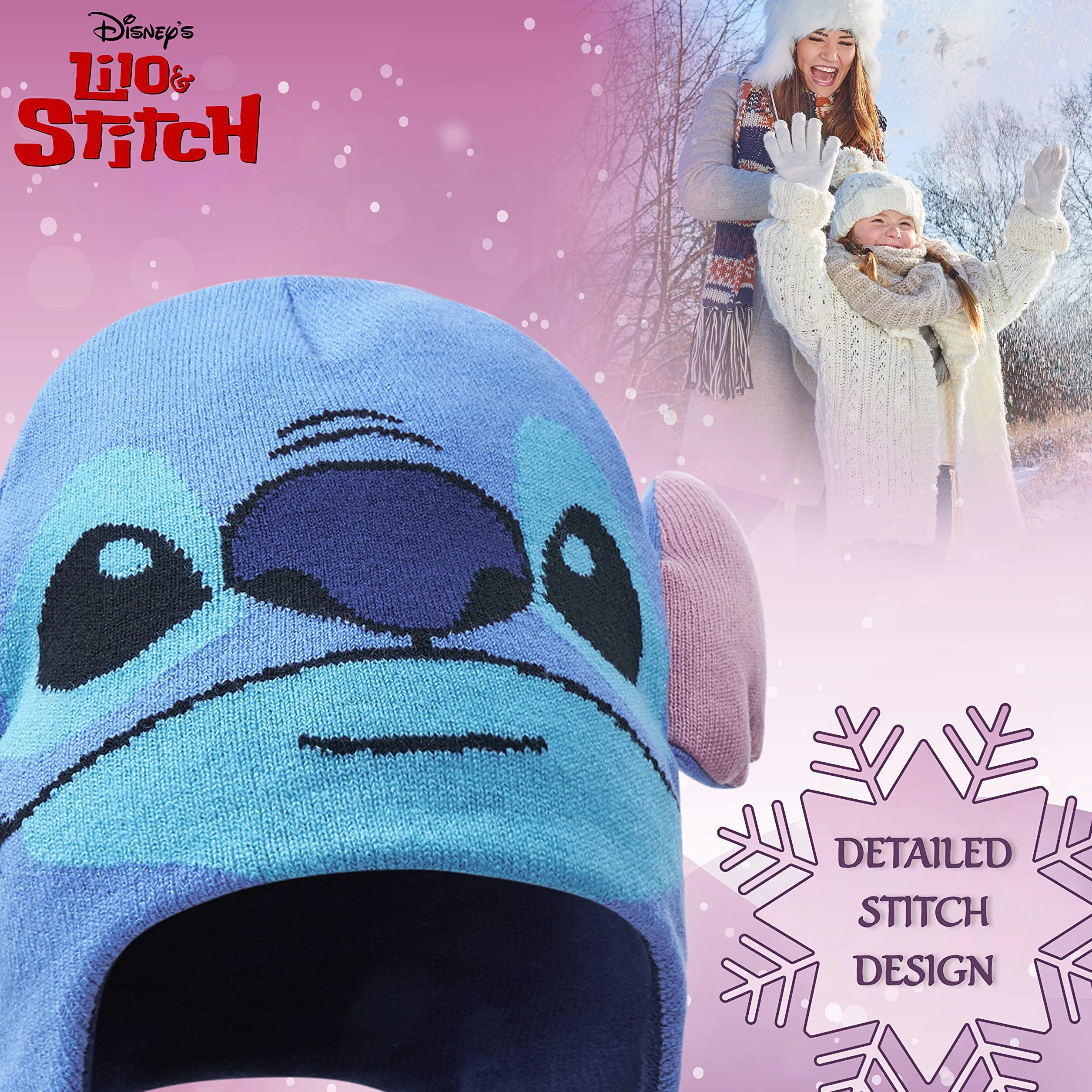 Disney Stitch czapka szalik zestaw z rękawiczkami dla dziewcząt