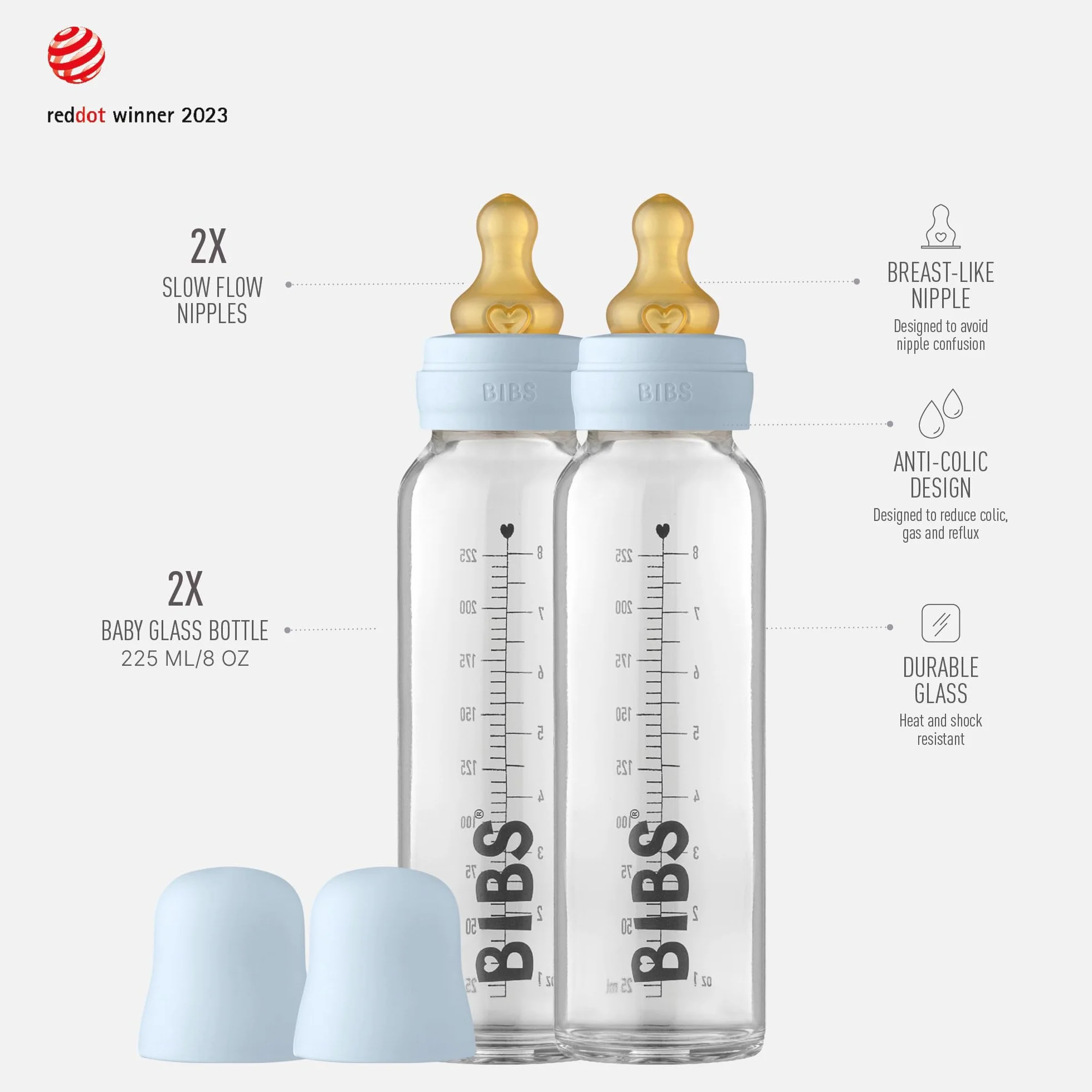 Butelka ze szkła BIBS. Antykolka, zestaw 2 szt. Okrągły smoczek z naturalnego lateksu kauczukowego, wspomaga naturalne karmienie piersią, kompletny zestaw - 225 ml (opakowanie 2), Baby Blue