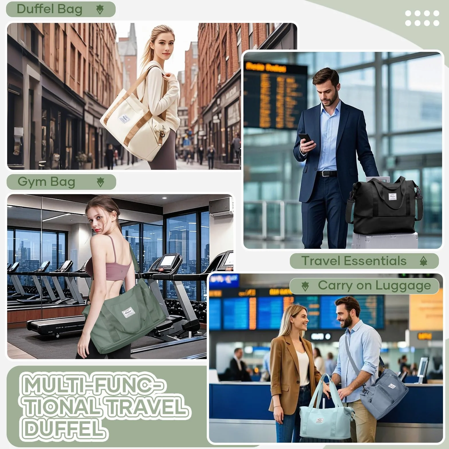 SEAFEW Torba podróżna 40x30x20 dla Ryanair, Rozszerzana Torba podróżna na weekend-bagaż ręczny, Torba sportowo-fitness, torba szpitalna dla mamy, dla kobiet i mężczyzn,A01-Zielony wojskowy