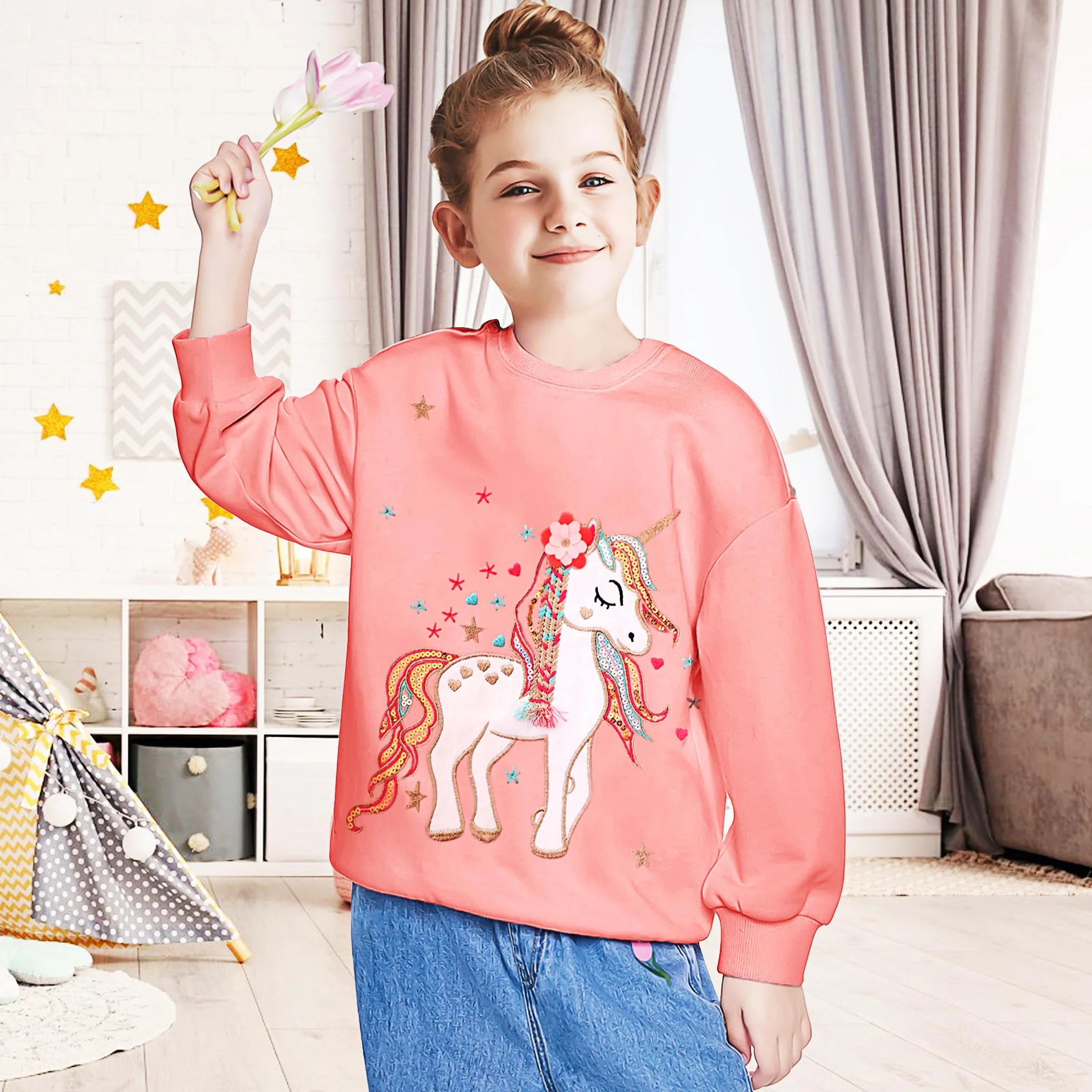 JinBei Bluza dla dziewczynek dzieci sweter bawełniany top casual sweter maluch jednorożec nadruk koń koszulka z długim rękawem wiek 2-7 lat, rozm. 92-122