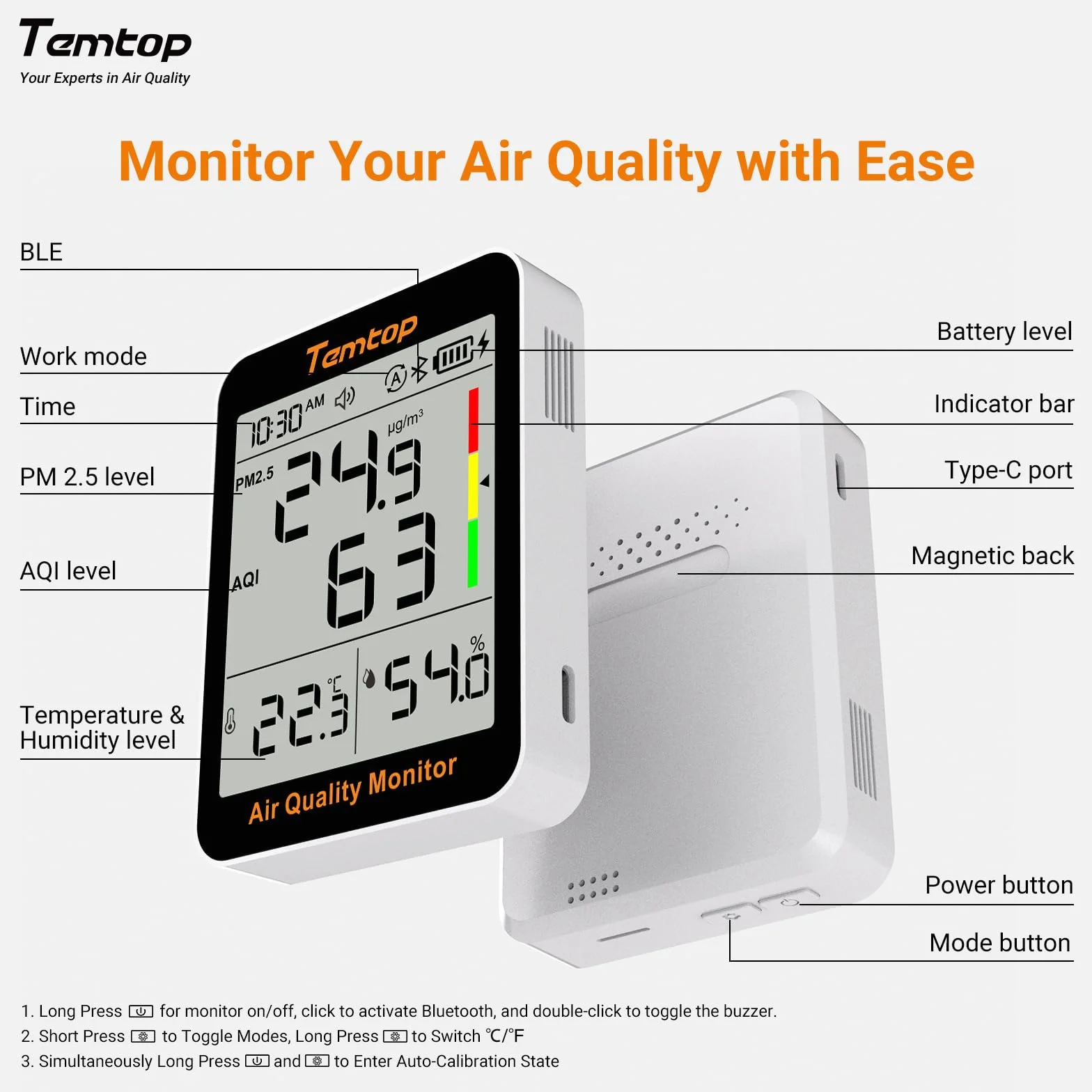 Temtop Monitor jakości powietrza, PM2.5, Bluetooth, termohigrometr, cyfrowy higrometr, do domu, biura, monitor wilgotności do sypialni, salonu, S1+
