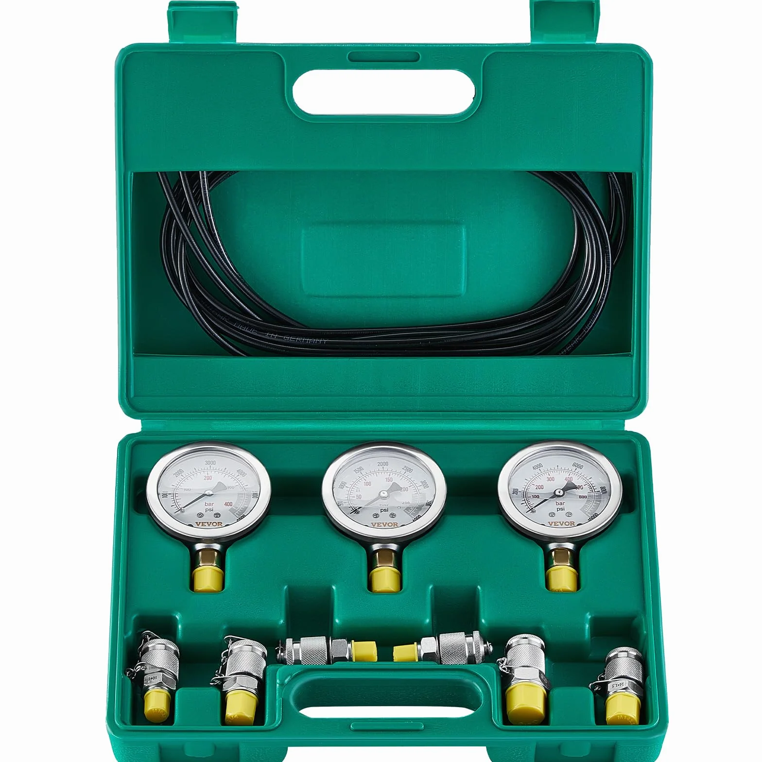 VEVOR Zestaw do testowania ciśnienia hydraulicznego, 250/400/600 bar, 3 manometry 6 stawów, zestaw mierników hydraulicznych do koparek z przenośną obudową do koparek traktorów maszyn budowlanych