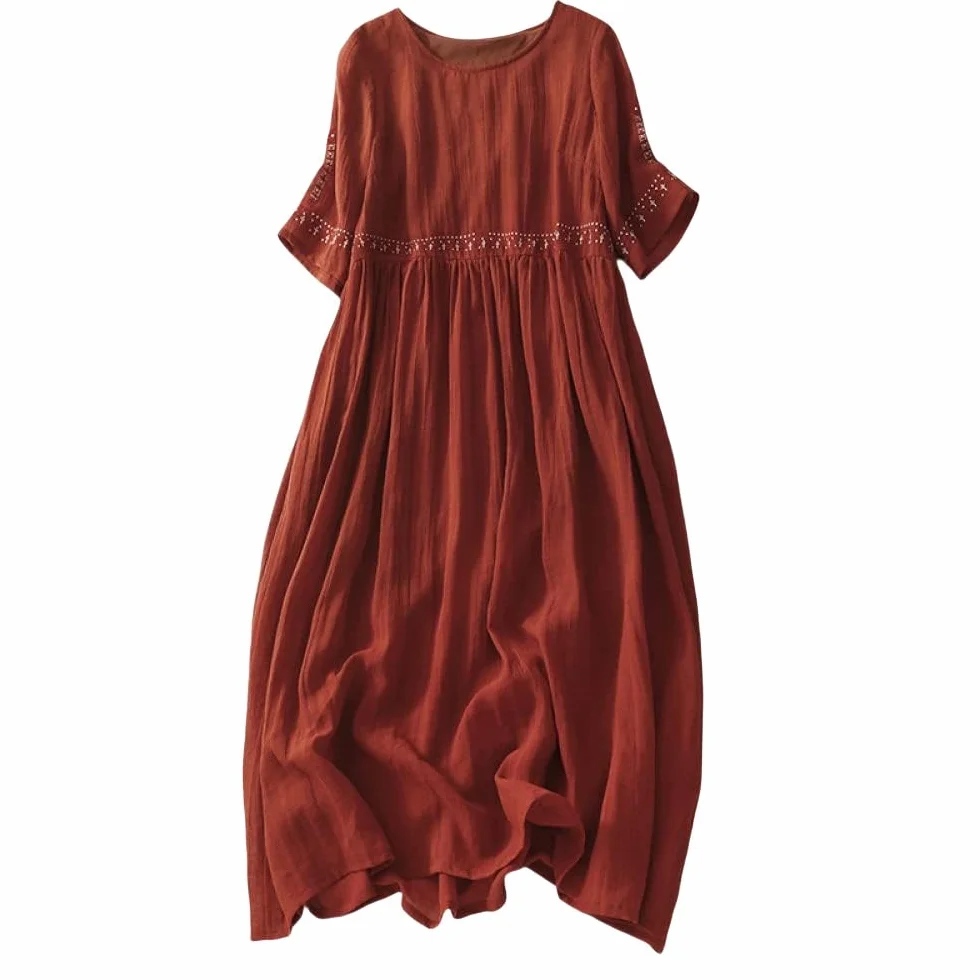 Sukienka damska, elegancka, luźna, z krótkim rękawem, dekolt w kształcie litery A, talia, haft, len, sukienka plażowa, sukienka na czas wolny, w stylu retro, sukienka midi, luźna bielizna nocna