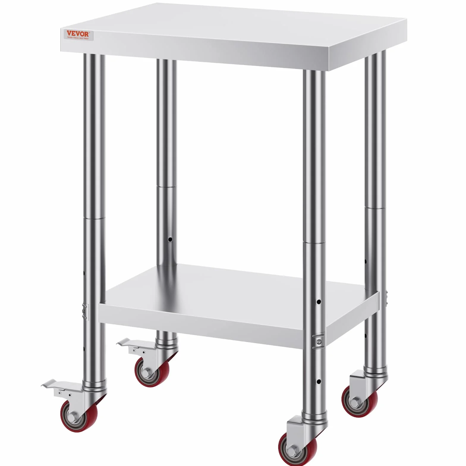 VEVOR Stół roboczy gastronomiczny ze stali nierdzewnej, 61 x 45 cm, komercyjny stół kuchenny z 4 kółkami, komercyjny stół warsztatowy do przygotowywania żywności z elastyczną półką regulacyjną do kuchennego stołu przygotowawczego