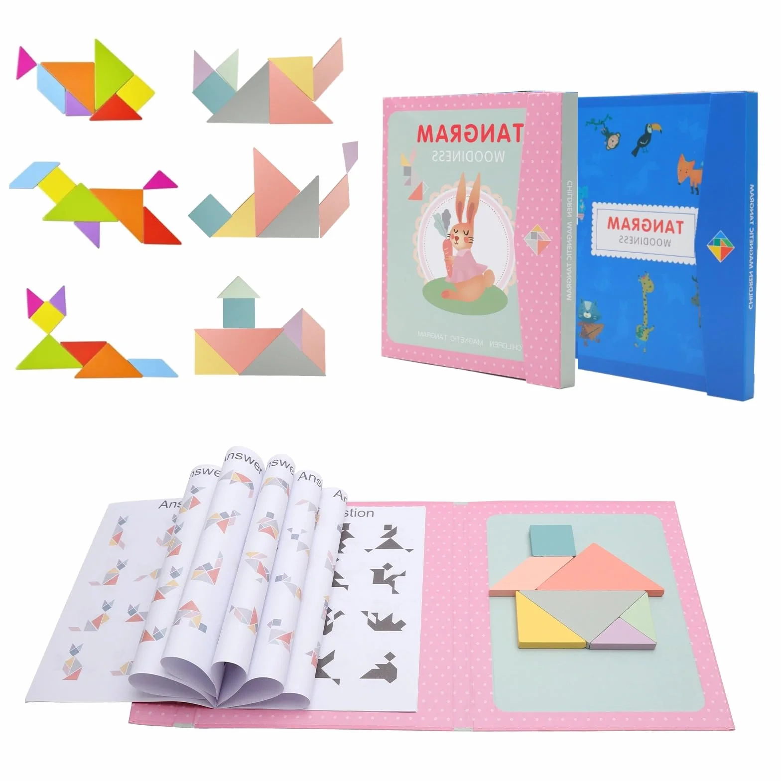 2SZT. Magnetyczny Tangram, Tangram Magnetyczna Gra dla Dzieci, Montessori IQ Gry i Zabawka Edukacyjna w Formacie Książki, Magnetyczne Gry Tangram z Drewna dla Dzieci od 3 Lat, Edukacyjna
