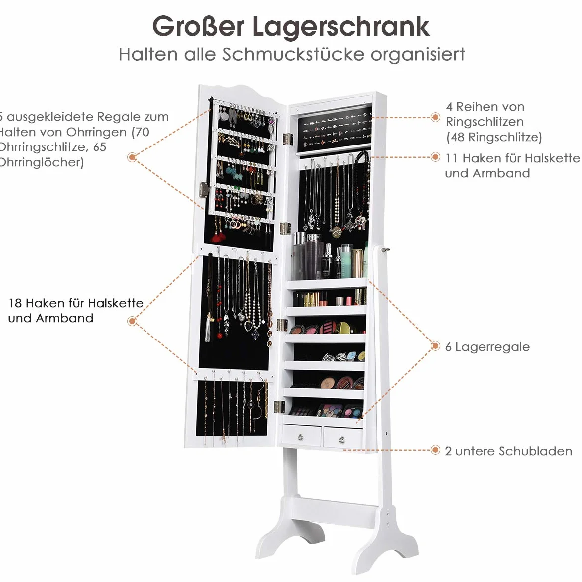 COSTWAY Szafka na biżuterię z 14 diodami LED, regał na biżuterię z lustrem na całe ciało, zamykana, szafka z lustrem na biżuterię, 4-stopniowa regulacja nachylenia, na pierścionki, haczyki na
