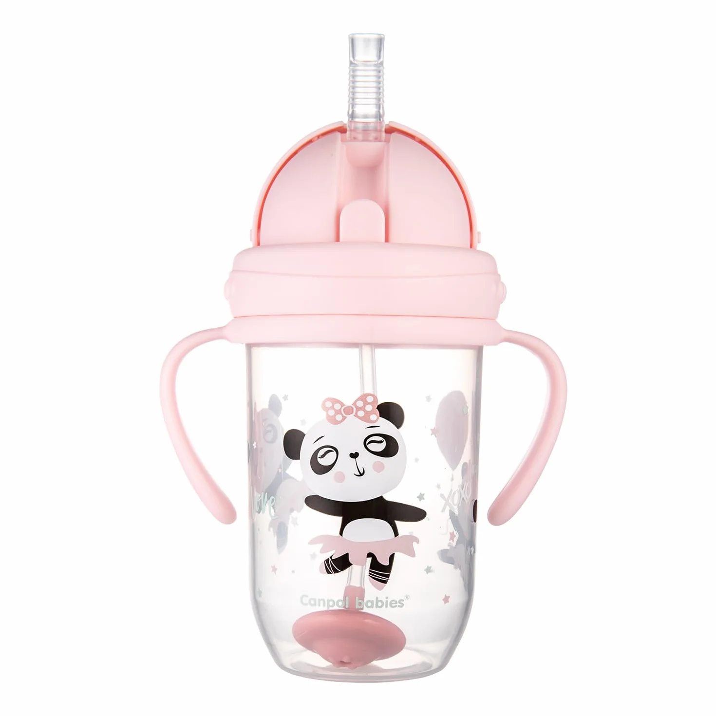 Canpol babies Kubek niekapek z rurką i odważnikiem EXOTIC ANIMALS 270 ml, 6 m+, Picie pod każdym kątem, Niekapiąca miękka silikonowa rurka, Szczelna pokrywka (Różowy Panda)