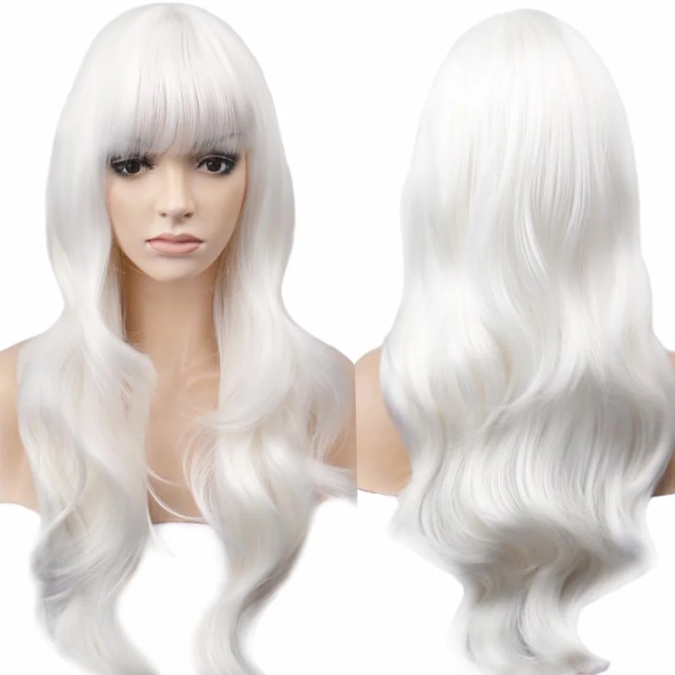 28 cali 70 cm damska peruka do Cosplay, długie peruki falowane kręcone włosy z grzywką na imprezę anime kostium na Halloween biały