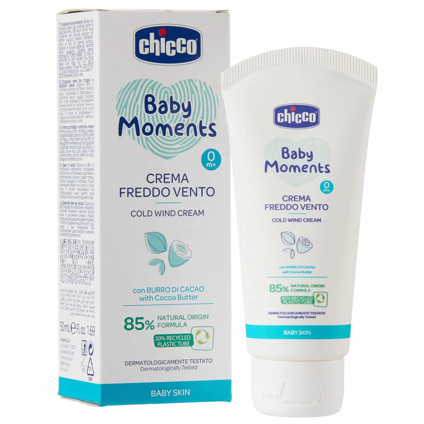Artsana Chicco Baby Moments krem z zimnym wiatrem z masłem kakaowym i witaminą E, z naturalną formułą, 0+ miesięcy, 50 ml