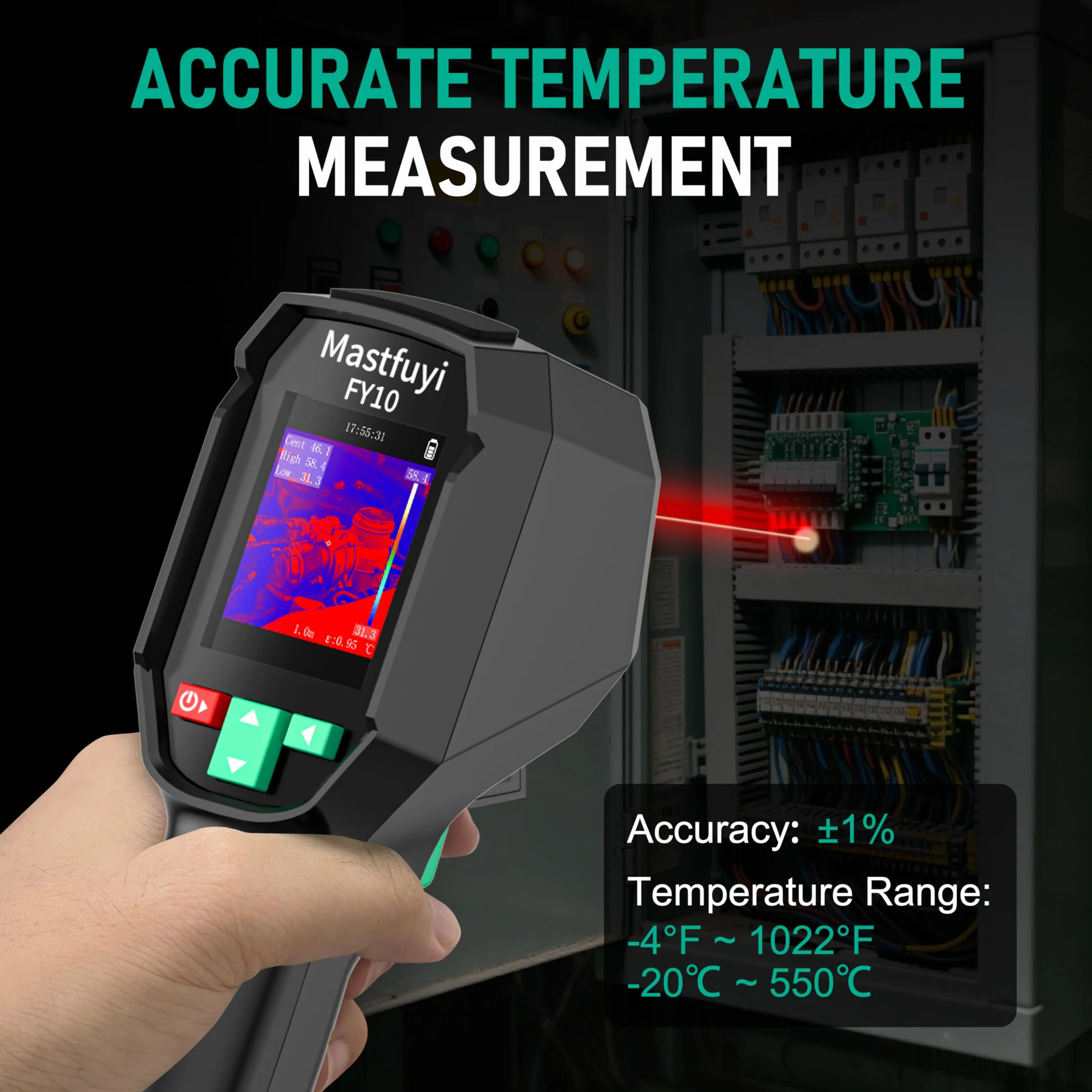 Termowizyjna kamera termowizyjna, na podczerwień, -20℃~550℃, rozdzielczość 96 x 96 IR, 25 Hz, pole widzenia 50°, 2,4-calowy TFT LCD, 8-godzinny akumulator do inspekcji przemysłowych, elektryki i