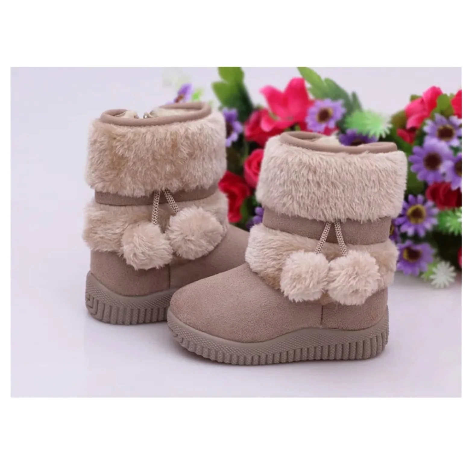 Girls Children Snow Boots – Comfortable Thick Warm Kids Boots with Lobbing Ball Design, Cute Autumn Winter Boots(Beige,21)