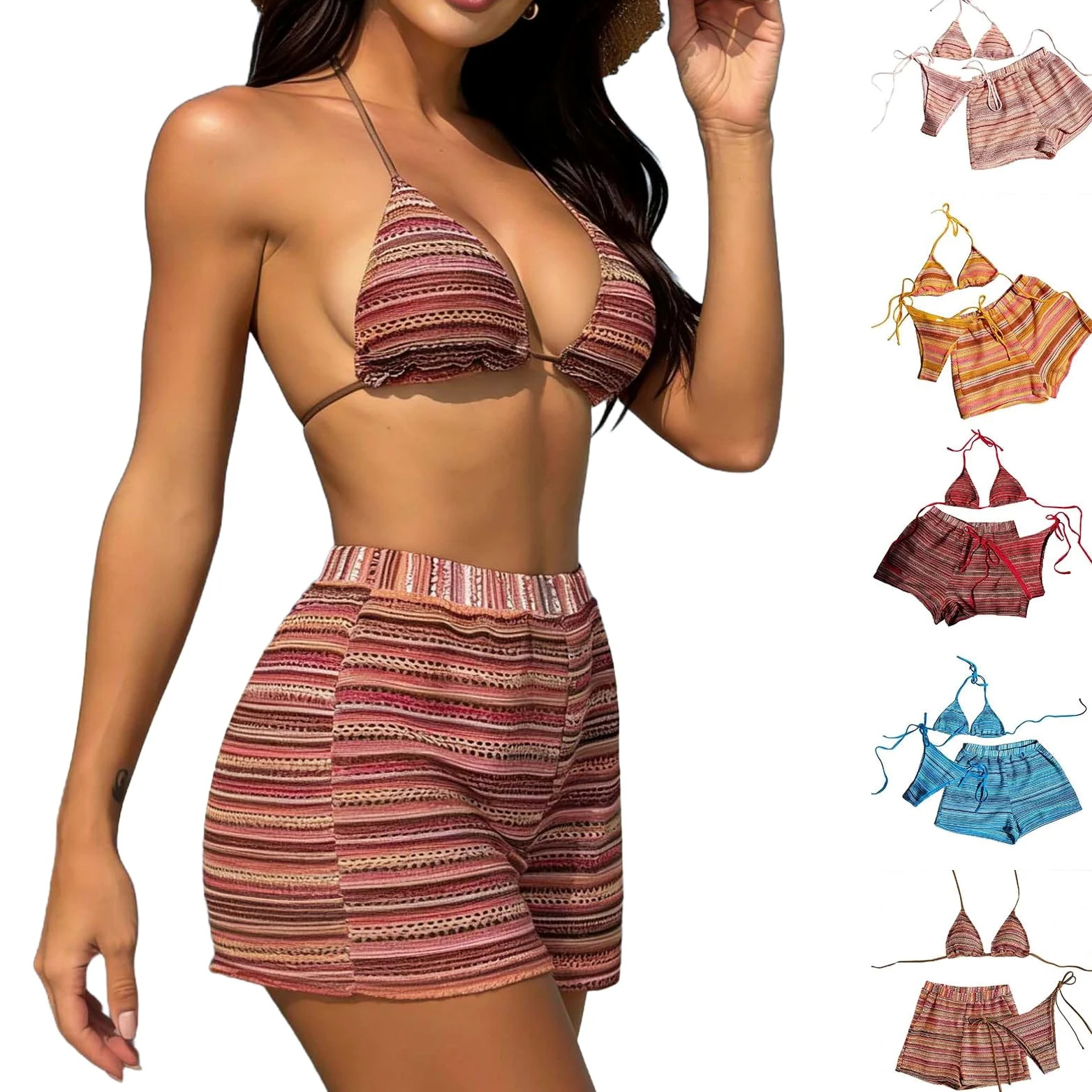 Zestaw bikini damski trzyczęściowy strój kąpielowy z wyściółką na szyi dopasowana sylwetka kolor kontrastowy design wakacje plaża letni styl