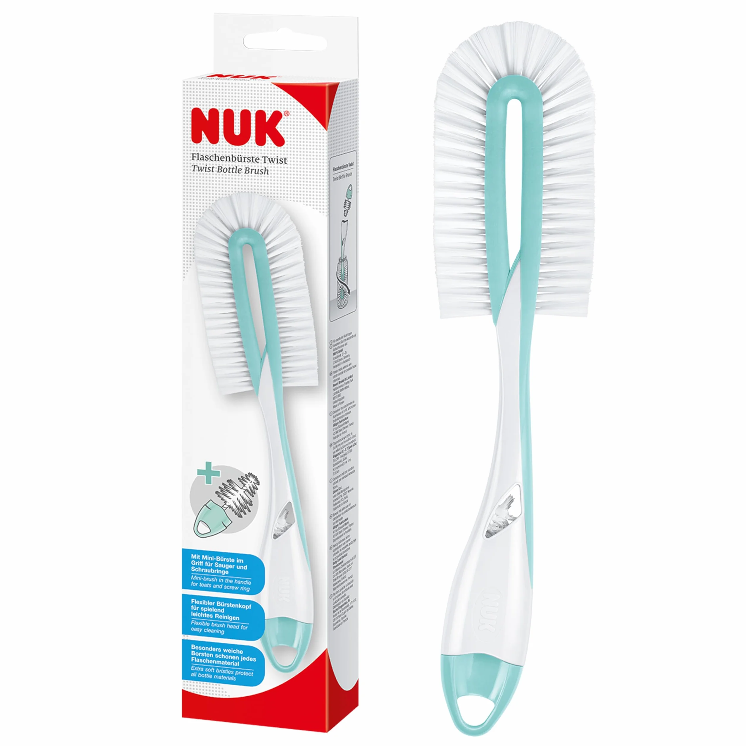 NUK Szczotka do butelek Twist 2 w 1 | do dokładnego i delikatnego czyszczenia butelek dla niemowląt | łącznie ze szczotką do odkurzania | 1 sztuka