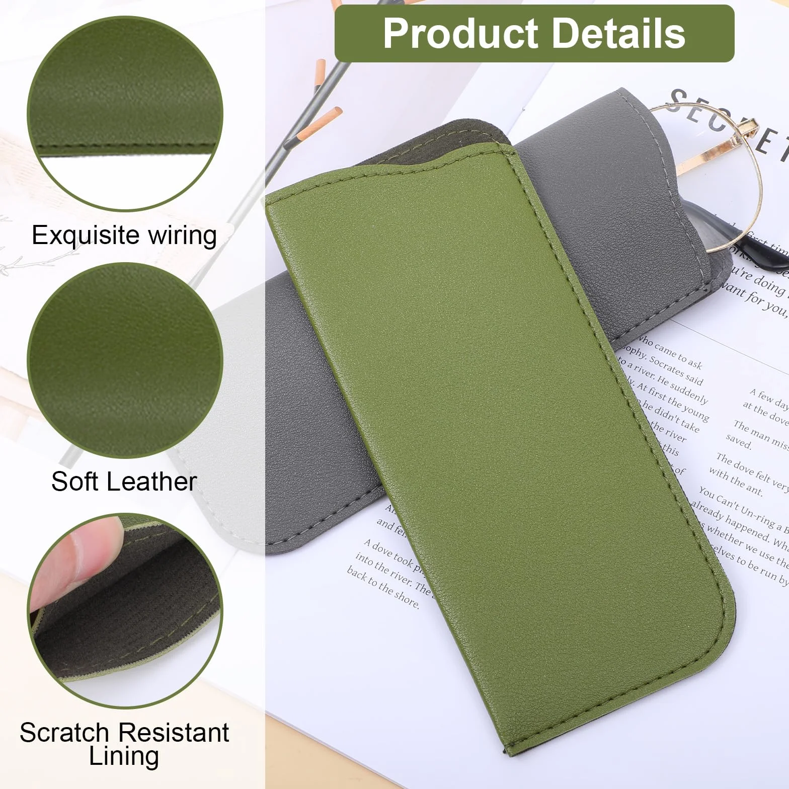 JJUNW 8 sztuk miękkich etui na okulary, ze skóry PU, przenośne etui na okulary, 17,8 x 7,6 cm, płaskie etui na okulary do czytania, dla mężczyzn i kobiet