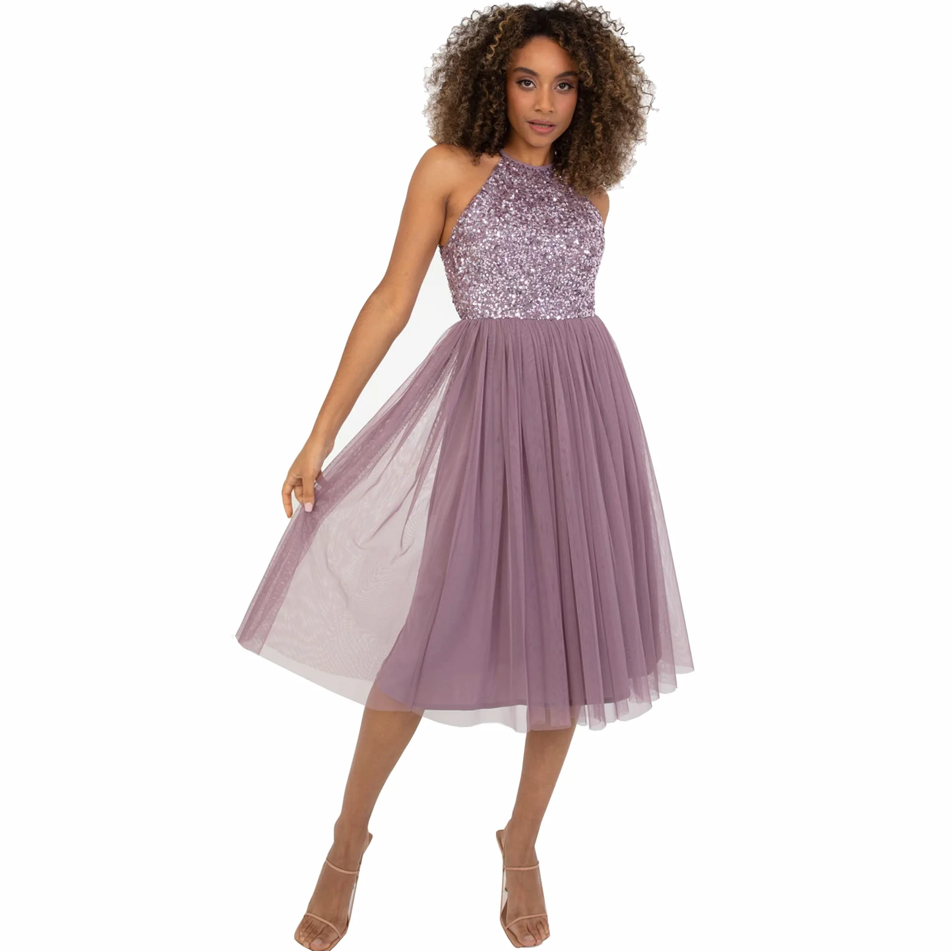 Maya Deluxe Damska sukienka midi tiulowa wiązaniem na szyi Moody Lilac 40
