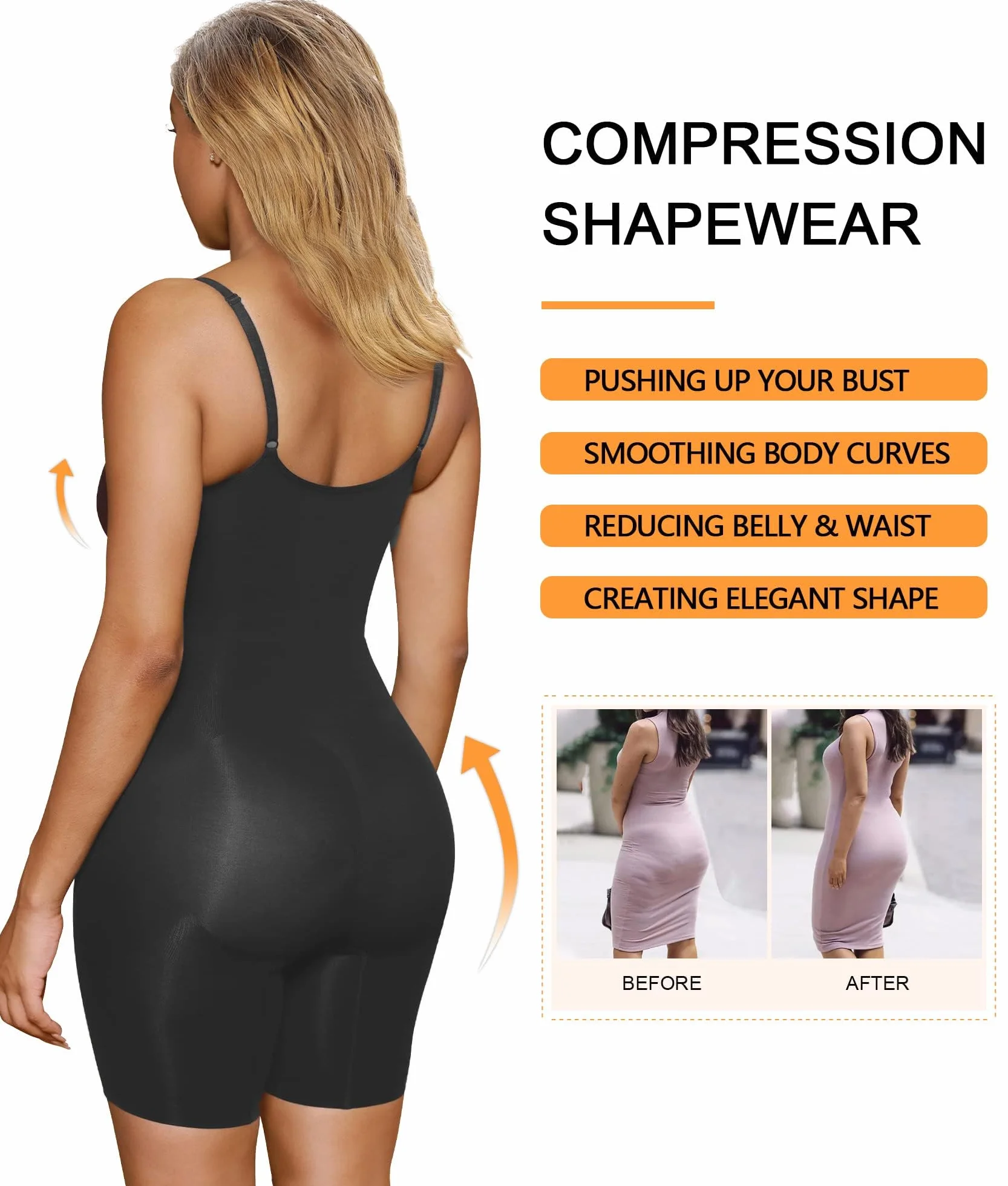 SHAPERX Bielizna modelująca dla kobiet, body wyszczuplające brzuch, podnoszące pośladki, szorty modelujące całe ciało, jednoczęściowe, Czarny, L-XL