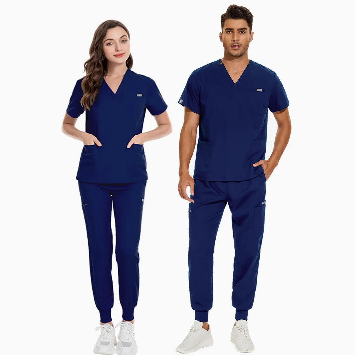 Mundury medyczne dekolt w serek stretch peelingi top z krótkim rękawem z 3 kieszeniami rozciągliwe spodnie joga joggery slim fit elastyczny pas DK09