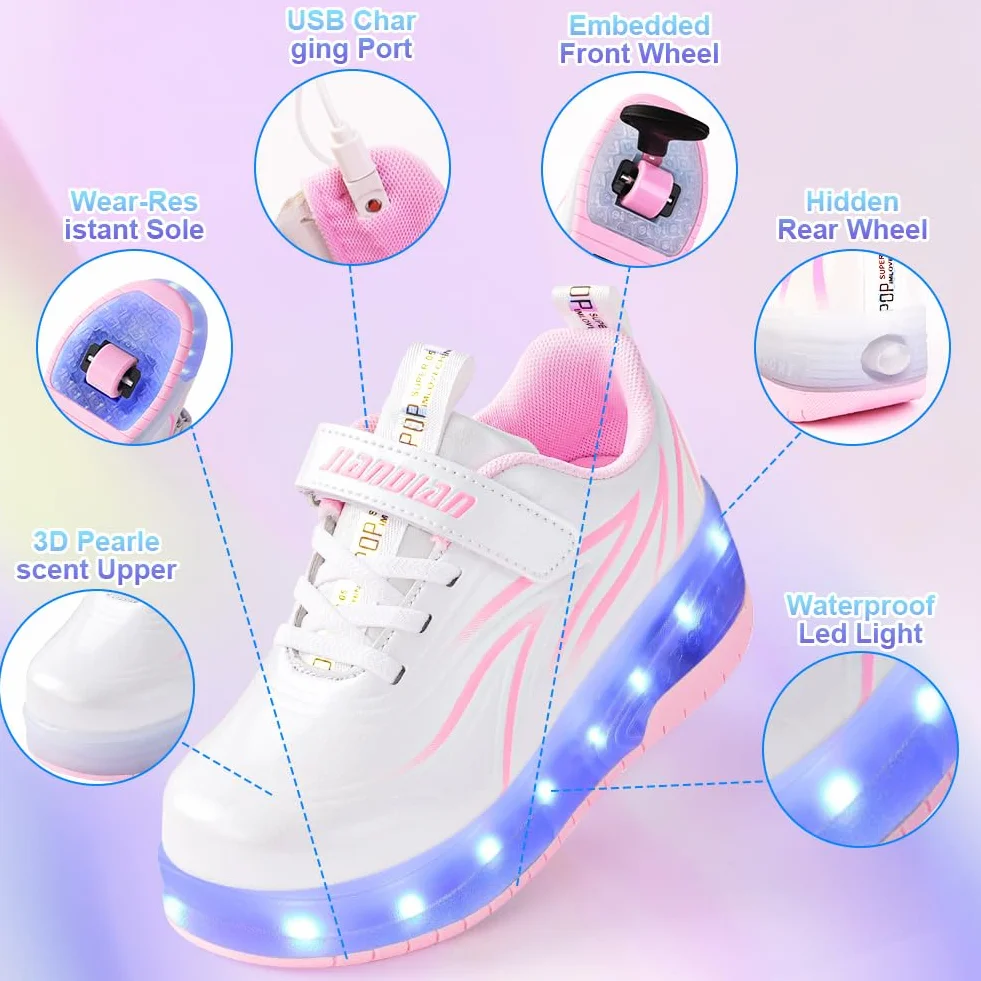 flintronic Migające diody LED, buty z podwójnymi kółkami, automatyczne buty do jazdy na deskorolce, outdoorowe buty fitness, gimnastyka, buty sportowe, ładowanie przez USB, 7 zmian kolorów, dla