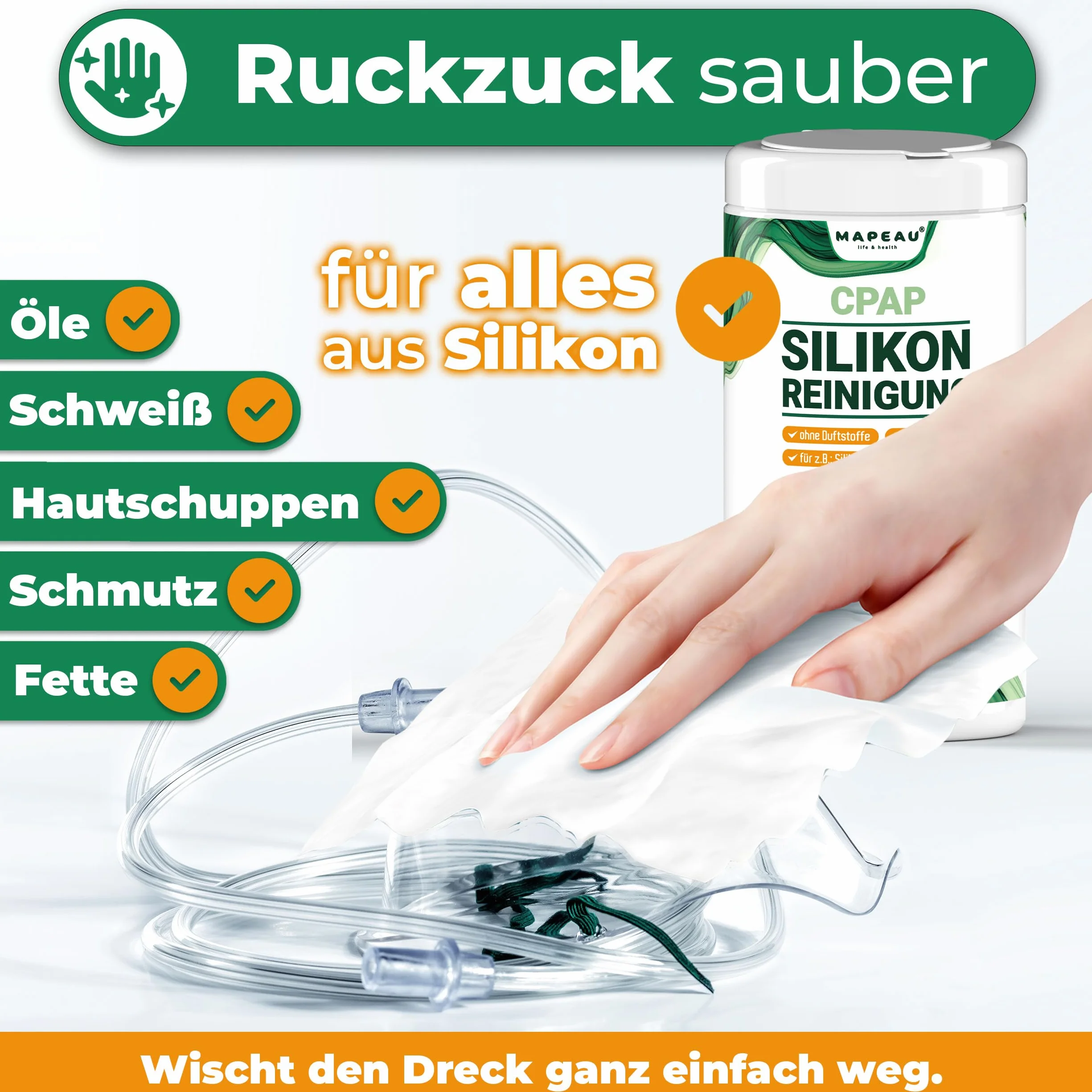 CPAP chusteczki czyszczące 100 x chusteczek w puszce, bezzapachowe, bez alkoholu, ściereczki celulozowe do czyszczenia silikonu, maski CPAP, maski tlenowe, okulary do nosa (1)