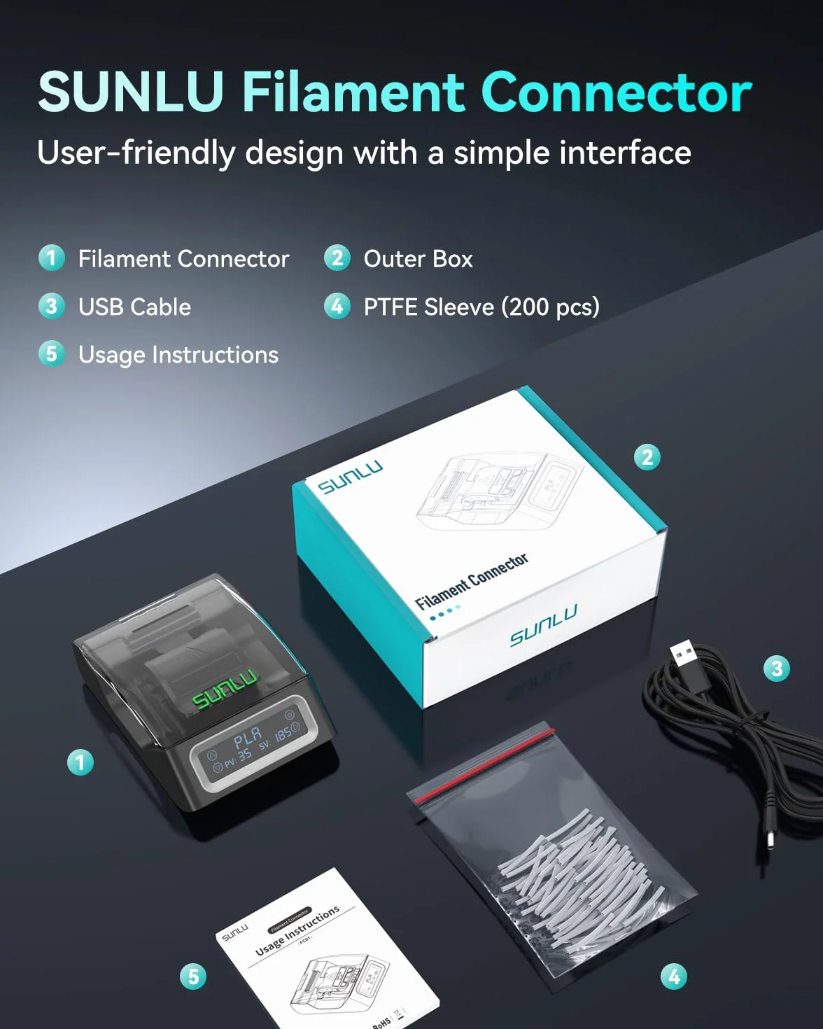 SUNLU Złącze filamentu 3D 1,75 mm 240°C PLA PETG ABS PA 200 szt.