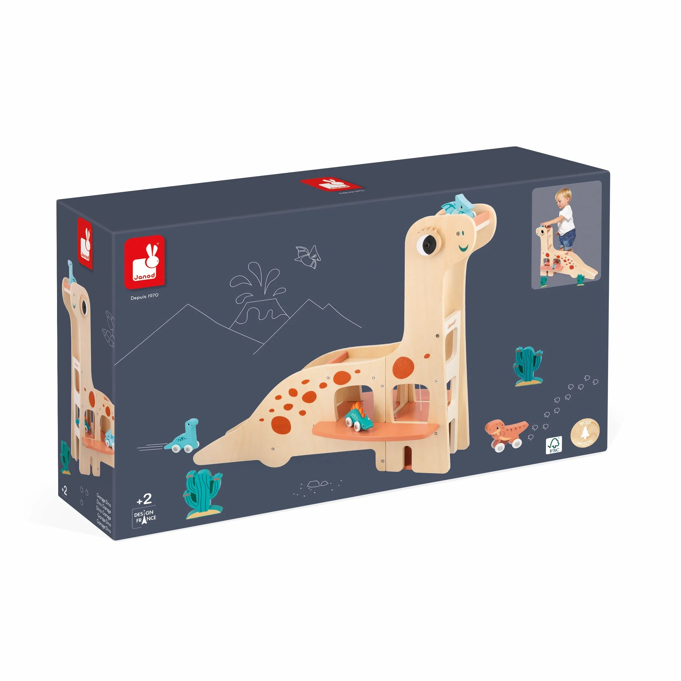 Janod Dinosaur Garaż Diplodocus dla dzieci-4 Dinos do pchania i 2 kaktusy - rozwija umiejętności motoryczne - drewniana zabawka FSC-od 24 miesięcy, J05835, Wielokolorowy