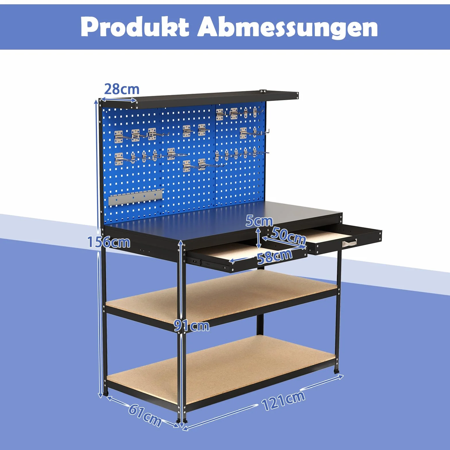 COSTWAY Stół warsztatowy 121 x 61 cm, nośność 230 kg, stół roboczy ze ścianą perforowaną, szufladami i regałami oraz 24 hakami wiszącymi, stół warsztatowy do domu, garażu, warsztatu (niebieski, 121 x