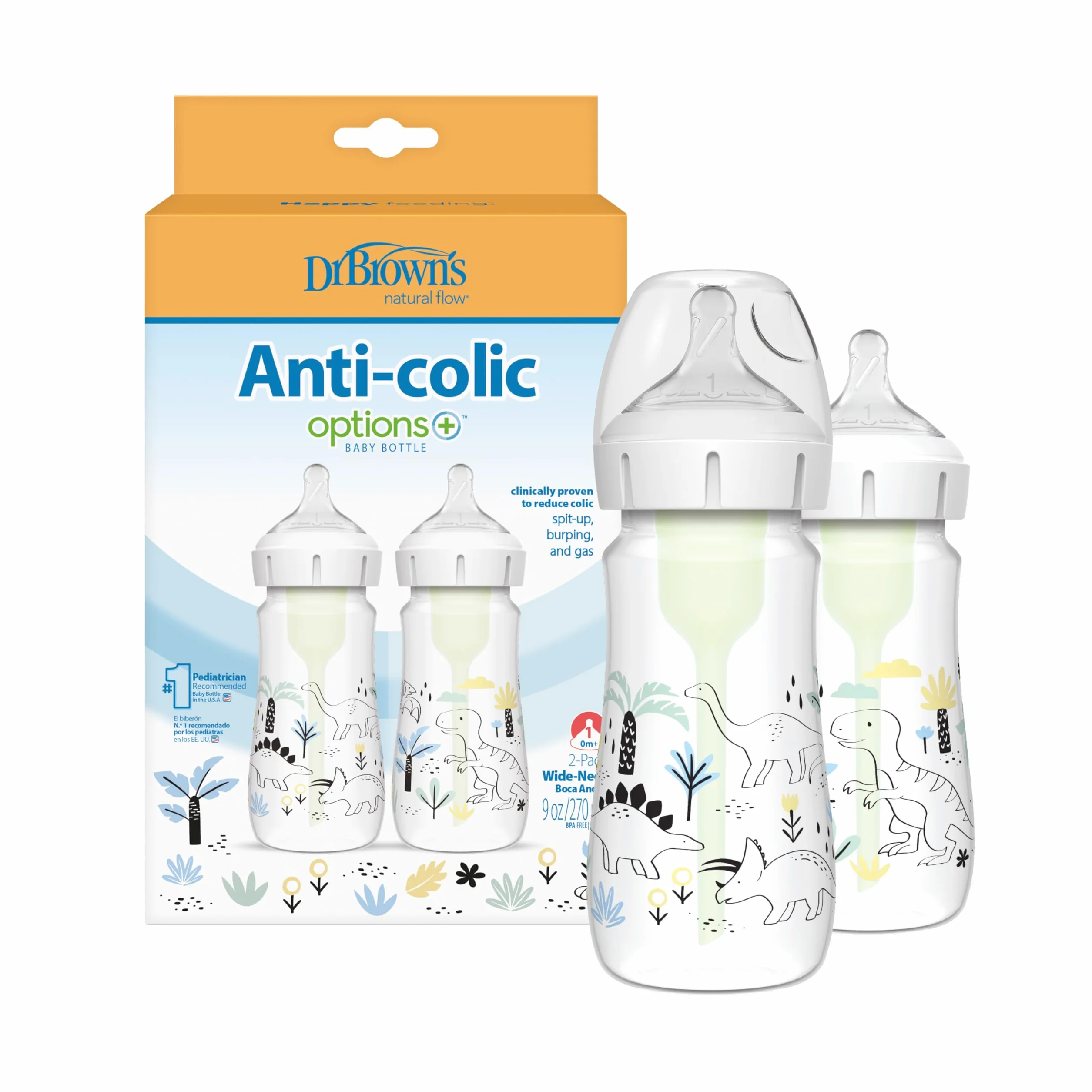 Dr. Brown's Natural Flow Anti-Colic Options+ Butelki z szeroką szyjką, 270 ml, ze smoczkiem poziomu 1, zestaw 2 szt., wzór dinozaura
