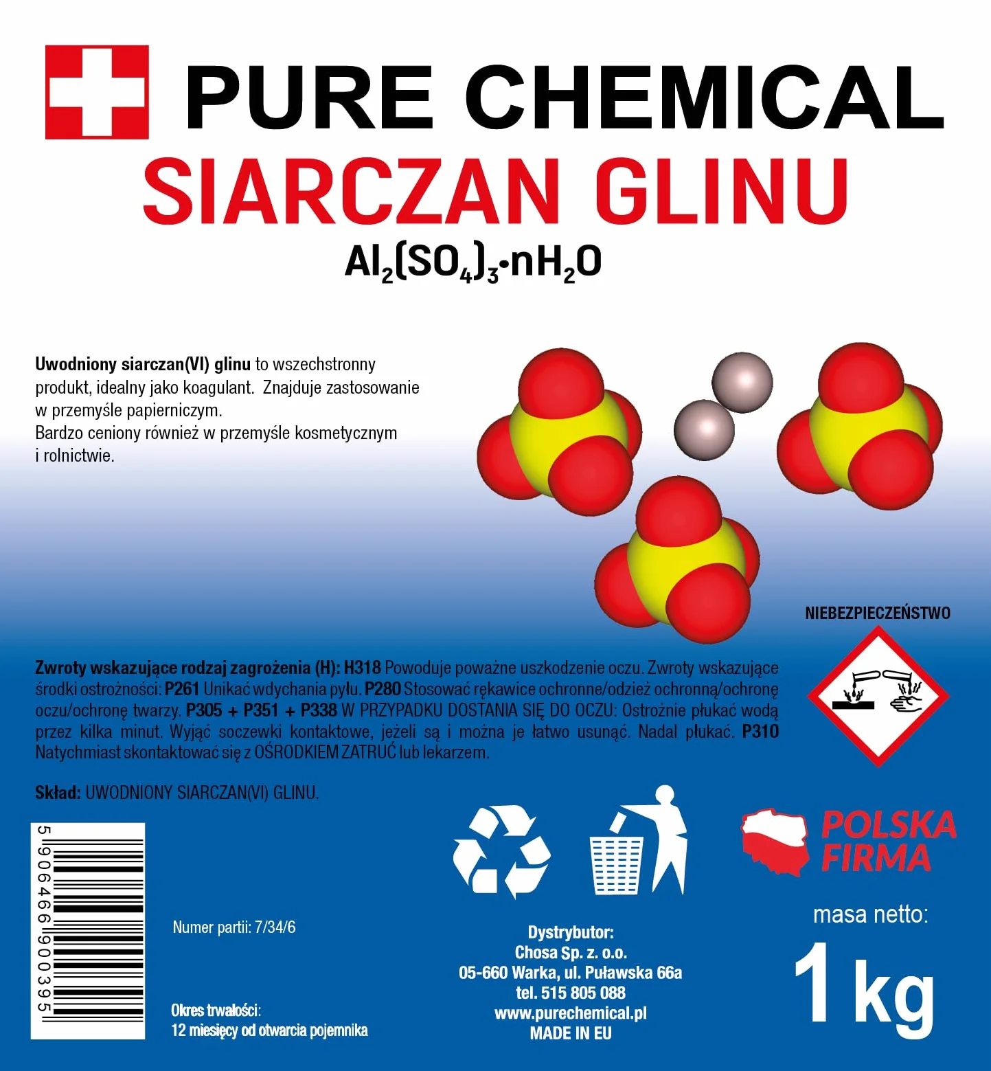 PURE CHEMICAL Siarczan glinu 1kg - proszek siarczanu glinu - koagulant do uzdatniania wody, ścieków, przemysłu papierniczego, chemii technicznej