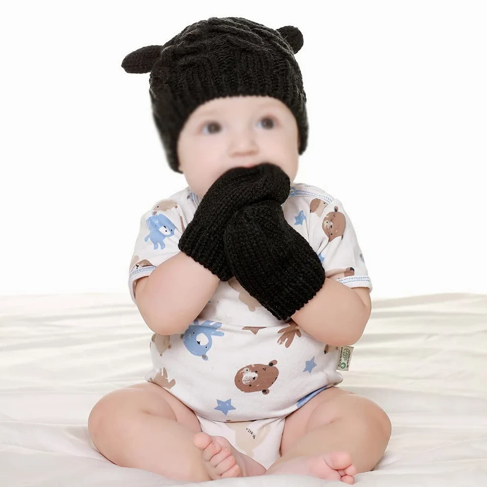 Dziewczęta Chłopcy Zimowa ciepła czapka z dzianiny Ucho Solidna, ciepła, śliczna rękawiczka 2 szt. Urocza czapka typu Beanie 0-18M